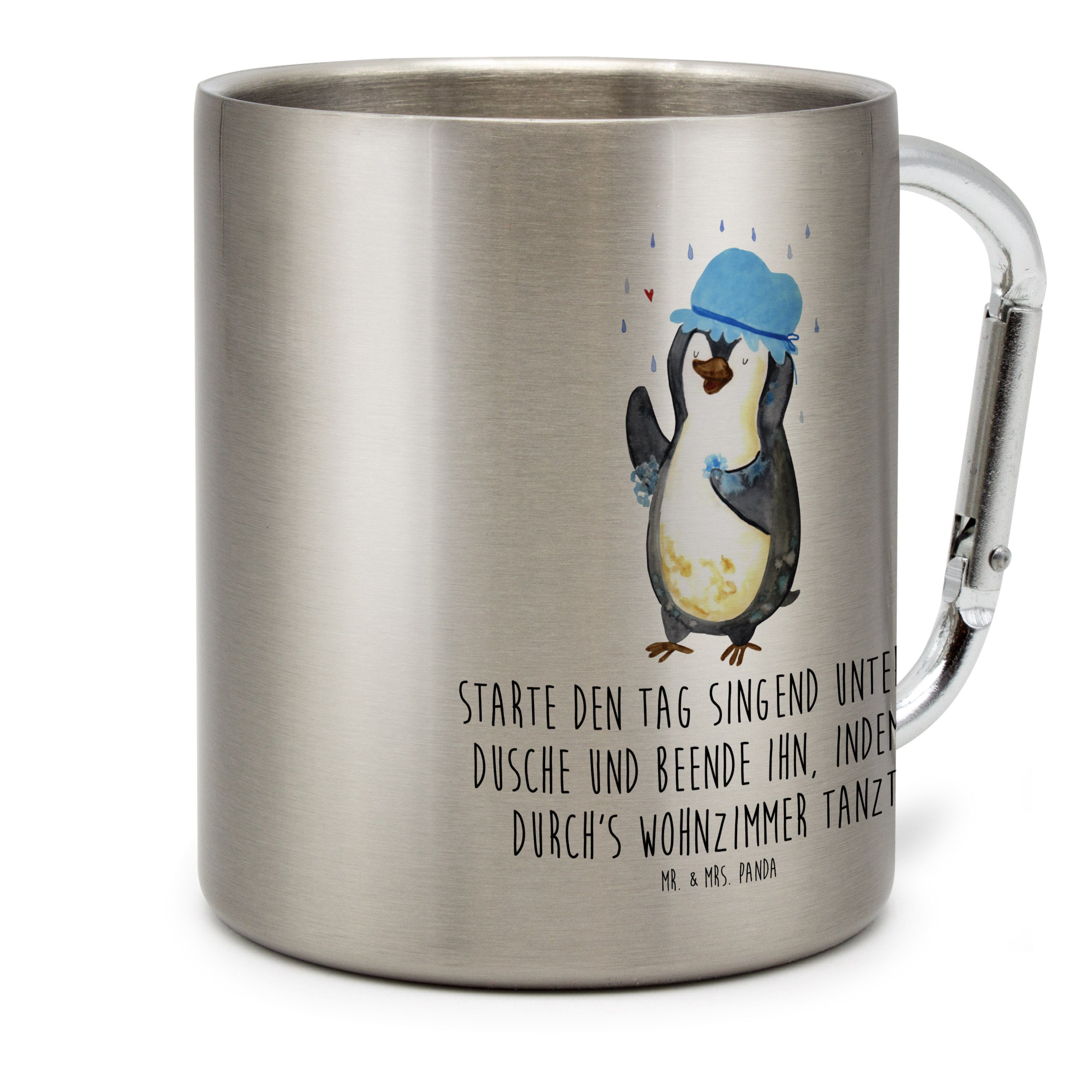 Mr. & Mrs. Panda Tasse Pinguin duscht - Transparent - Geschenk, duschen, Lebensmotto, baden, Edelstahl