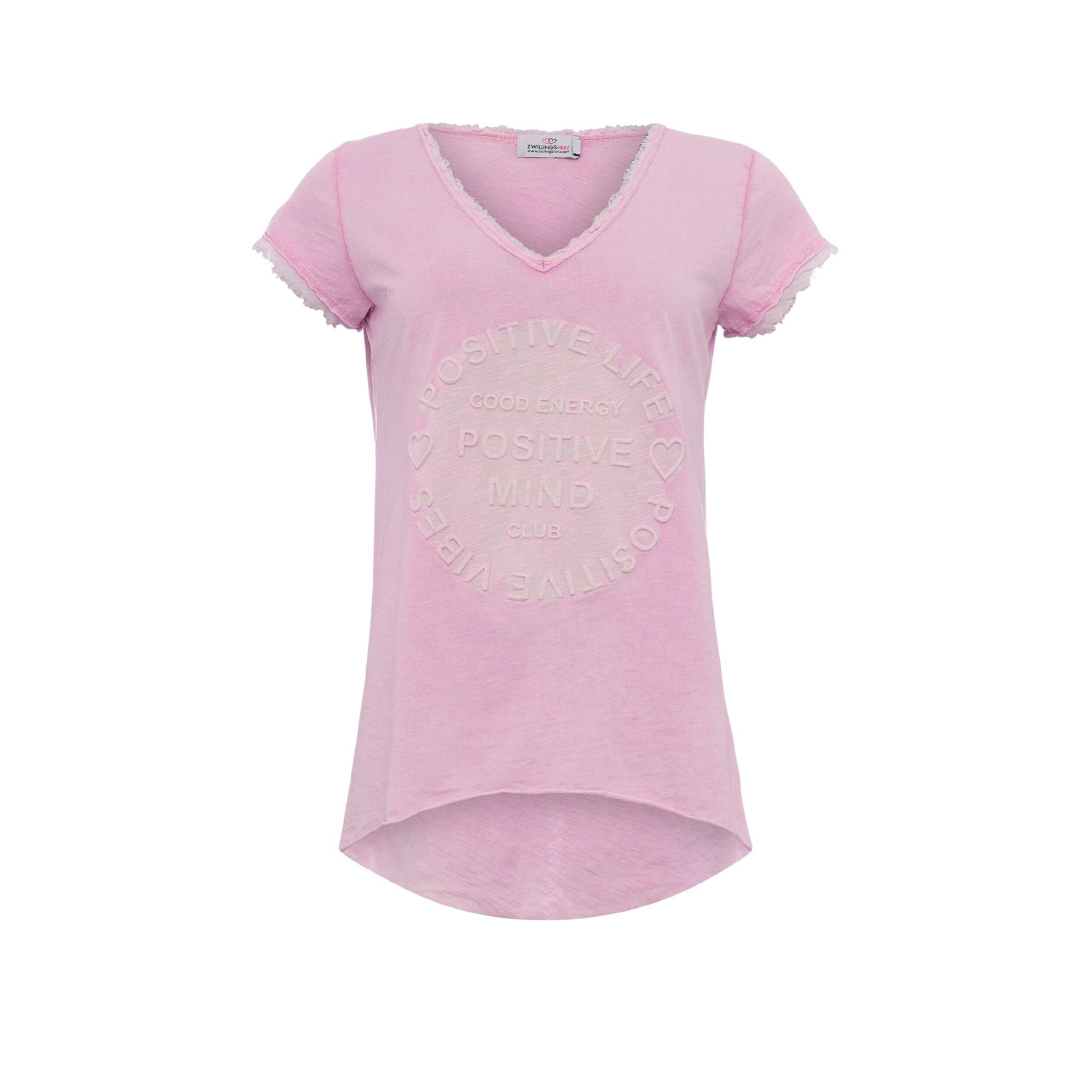 Zwillingsherz T-Shirt Damen T-Shirt blau, flieder in Aufdruck Positive Life rosa Tail oder