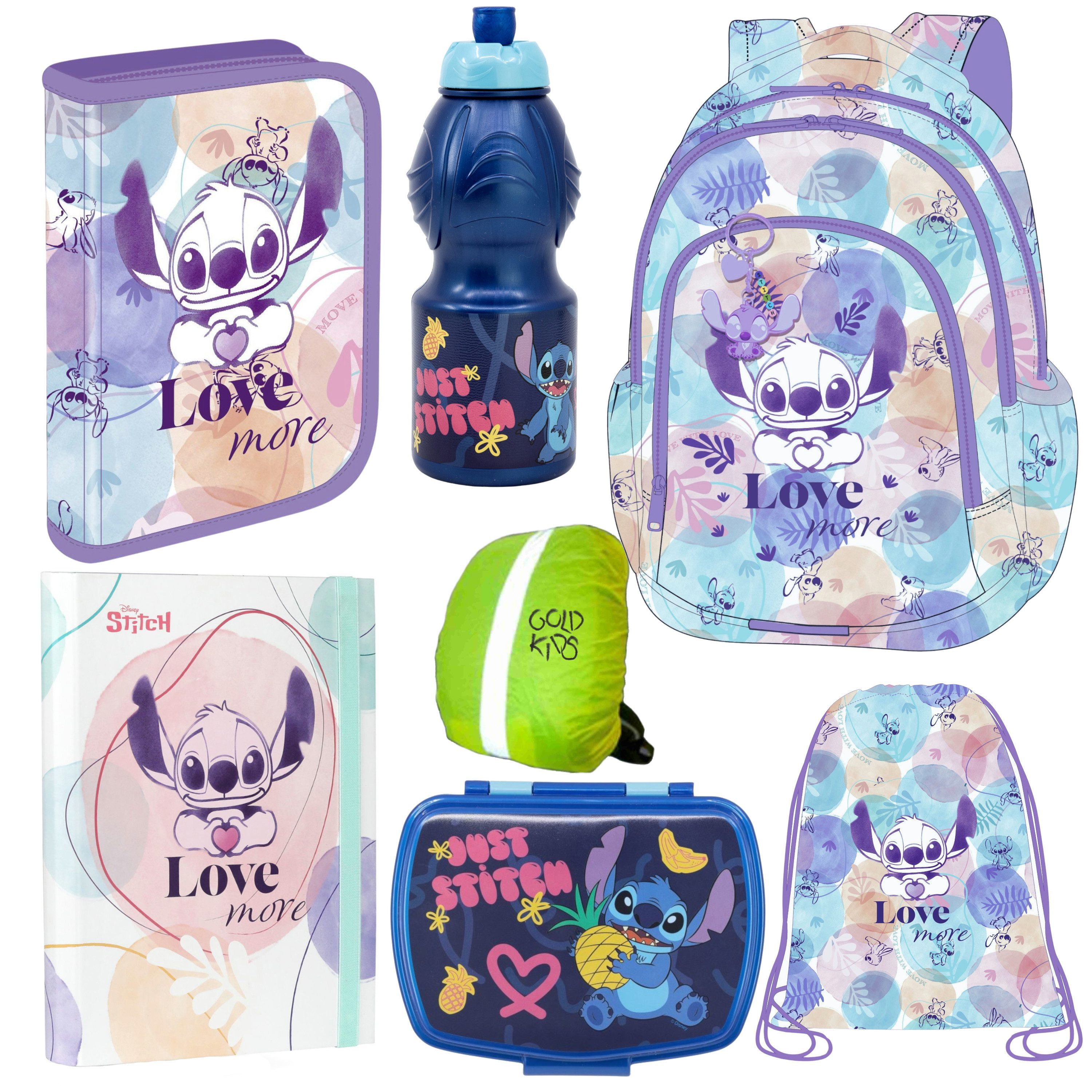 GOLDKIDS Schulrucksack Rucksack für Jungen und Mädchen, (7er-Set - Schul-Rucksack, für Kinder mit Federmäppchen), Schuhbeutel und Regenschutz - Lilo und Stitch Motiv