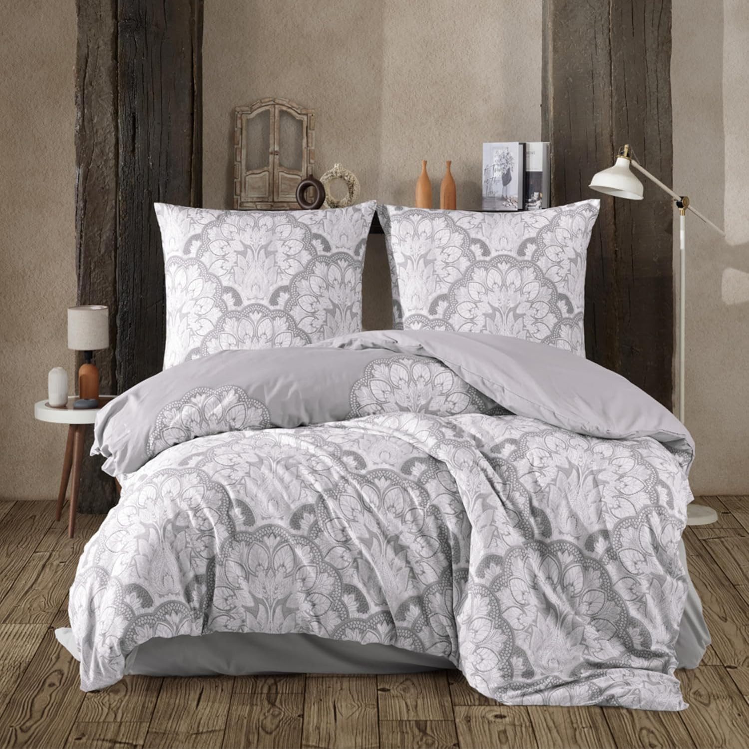 yadetextil Bettwäsche Baumwolle Bettbezug Grau Barockstill weiß geblümt., R günstig online kaufen