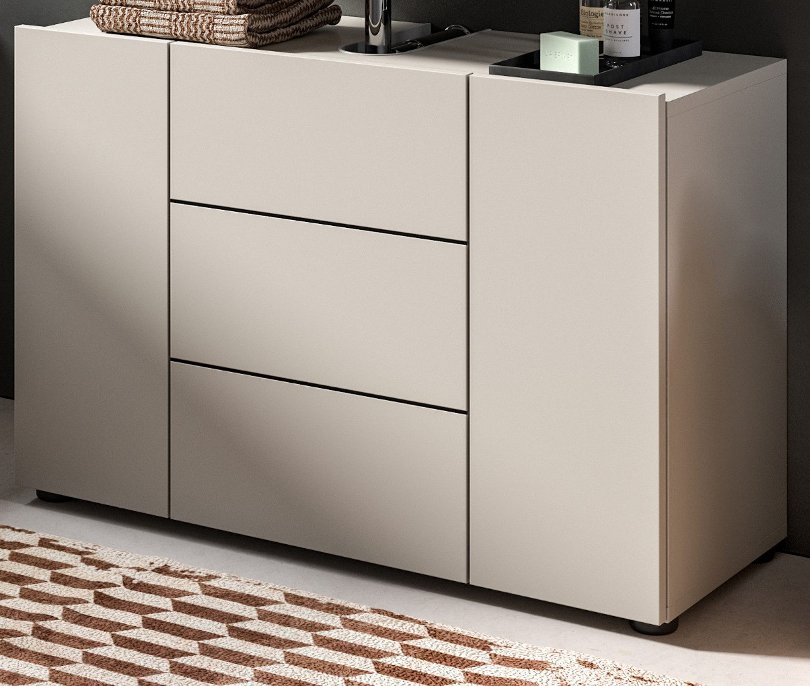 Inn.Furn Waschbeckenunterschrank Larik (Waschtisch Unterschrank in Kaschmir / Sand, Breite 80 cm) 3-türig mit 4 Fächern