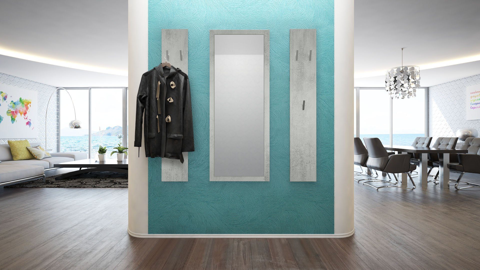 Vladon Garderoben-Set Spot, (Flurgarderobe, mit 2 Garderobenpaneelen und 1 Spiegel), Beton Oxid Optik (Paneel: 24 x 140 x 10 cm/Spiegel: 55 x 139 x 2 cm)