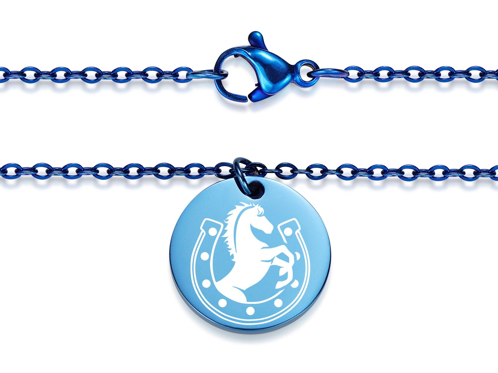 Silberkettenstore Kette mit Anhänger Halskette Anhänger wählbar blue vier Pferd - Farben zwei Edelstahl, mit Längen und