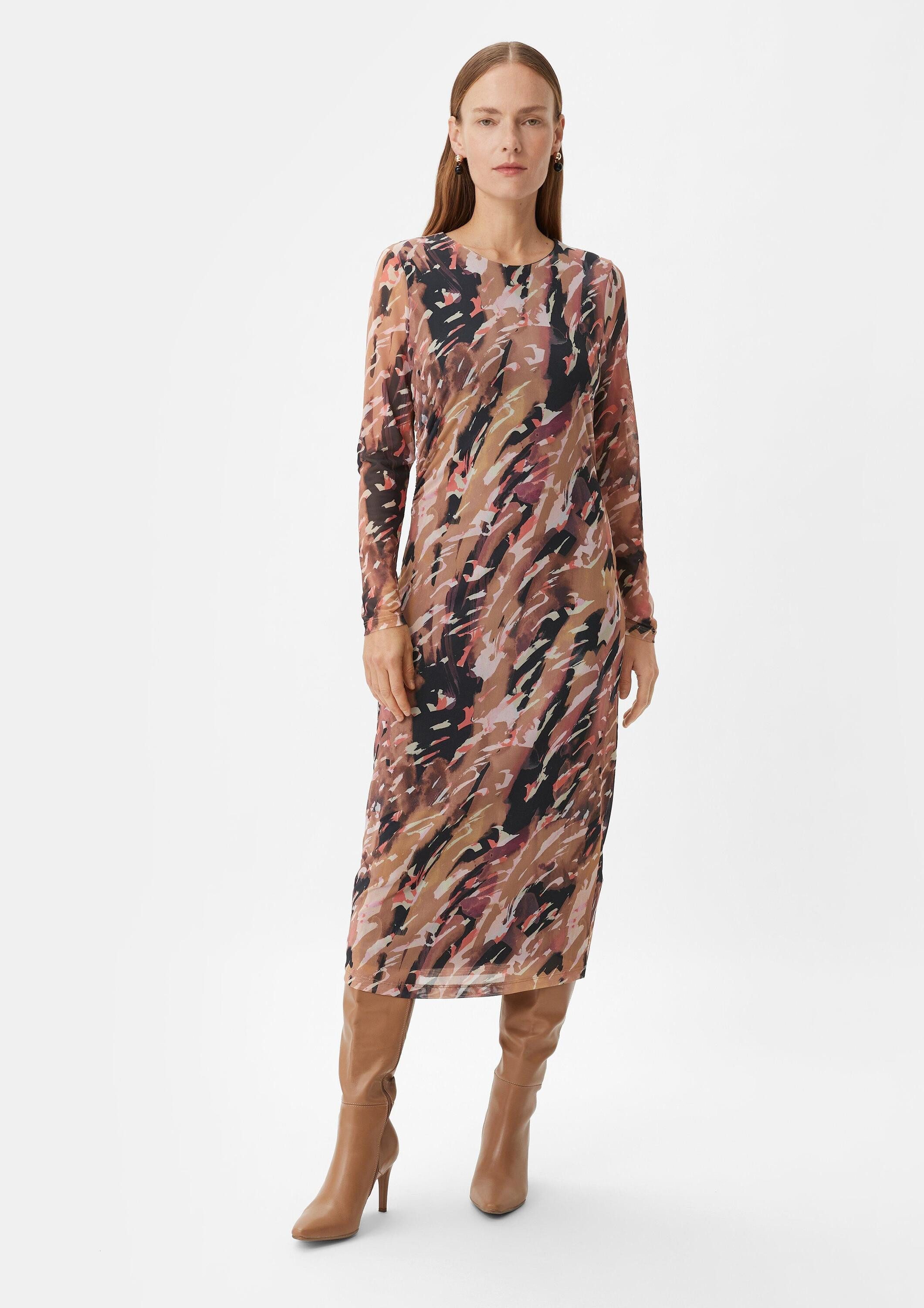 comma Midikleid Kleid Gemustertes Meshkleid mit Raffung