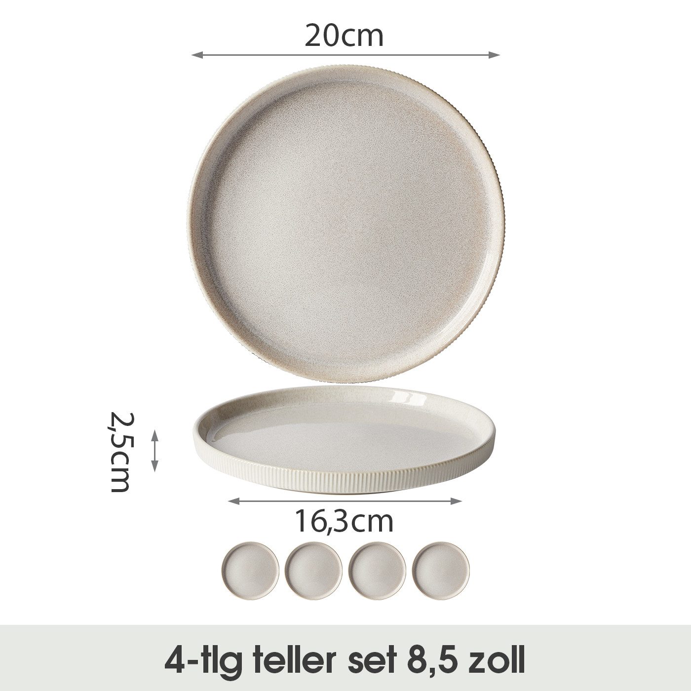 JIWOO Speiseteller 4er Ø20cm, Steakteller Pastateller Salatteller Brotteller Teller, (4 St), Plate Hochwertige Keramik Tellerset Weiß Mikrowellen spülmaschinenfest