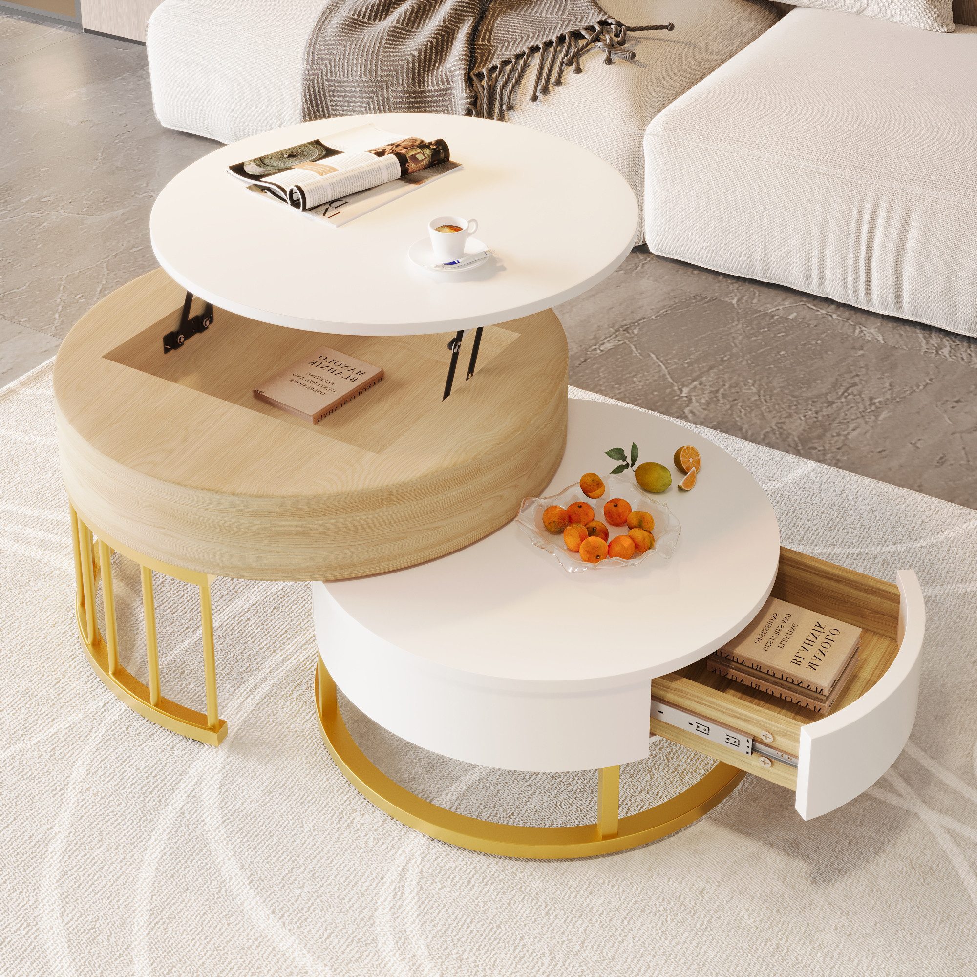 REDOM Couchtisch Beistelltisch höhenverstellbarer mit 2 Schubladen (Wohnzimmertisch, 2-St., Nesting-Design), mit Weiß-Holzoptik goldenen Metallrahmen