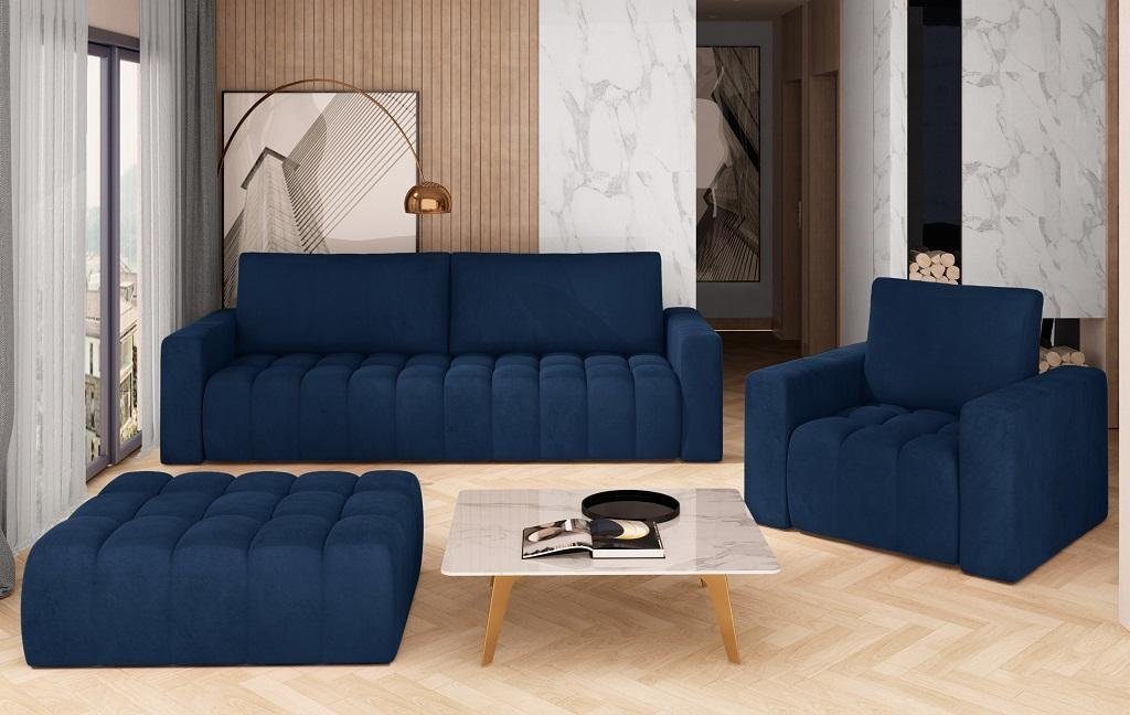 JVmoebel Wohnzimmer-Set Sofagarnitur 3+1 Sitzer Hocker Garnituren Samt Stoff 3tlg Wohnzimmer blau