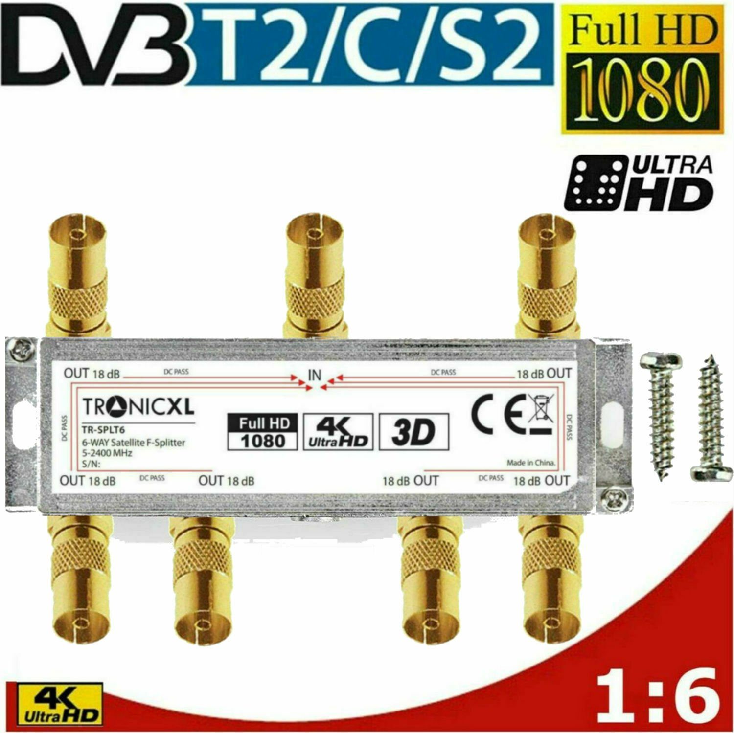 SAT-Verteiler 6-fach Koax Antennenverteiler HD 3D 4K Verteiler Weiche Splitter TV