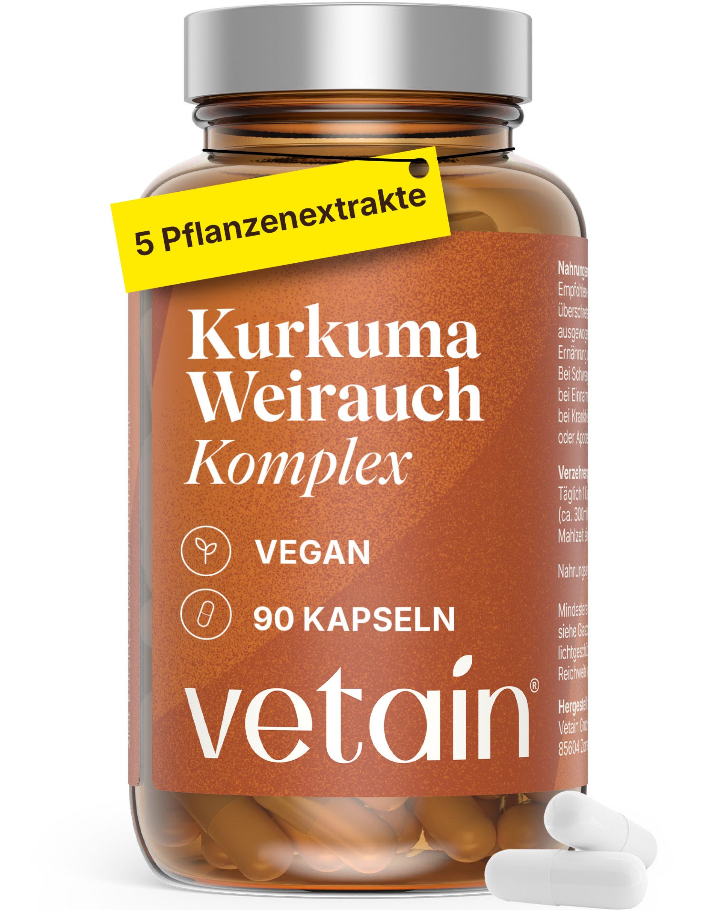 VETAIN Kurkuma Weihrauch Komplex - 127mg Boswelliasäure & 105mg Curcumin Kapseln, 90 St., Mit Zimt & Piperin, hochdosiert & hoch bioverfügbar