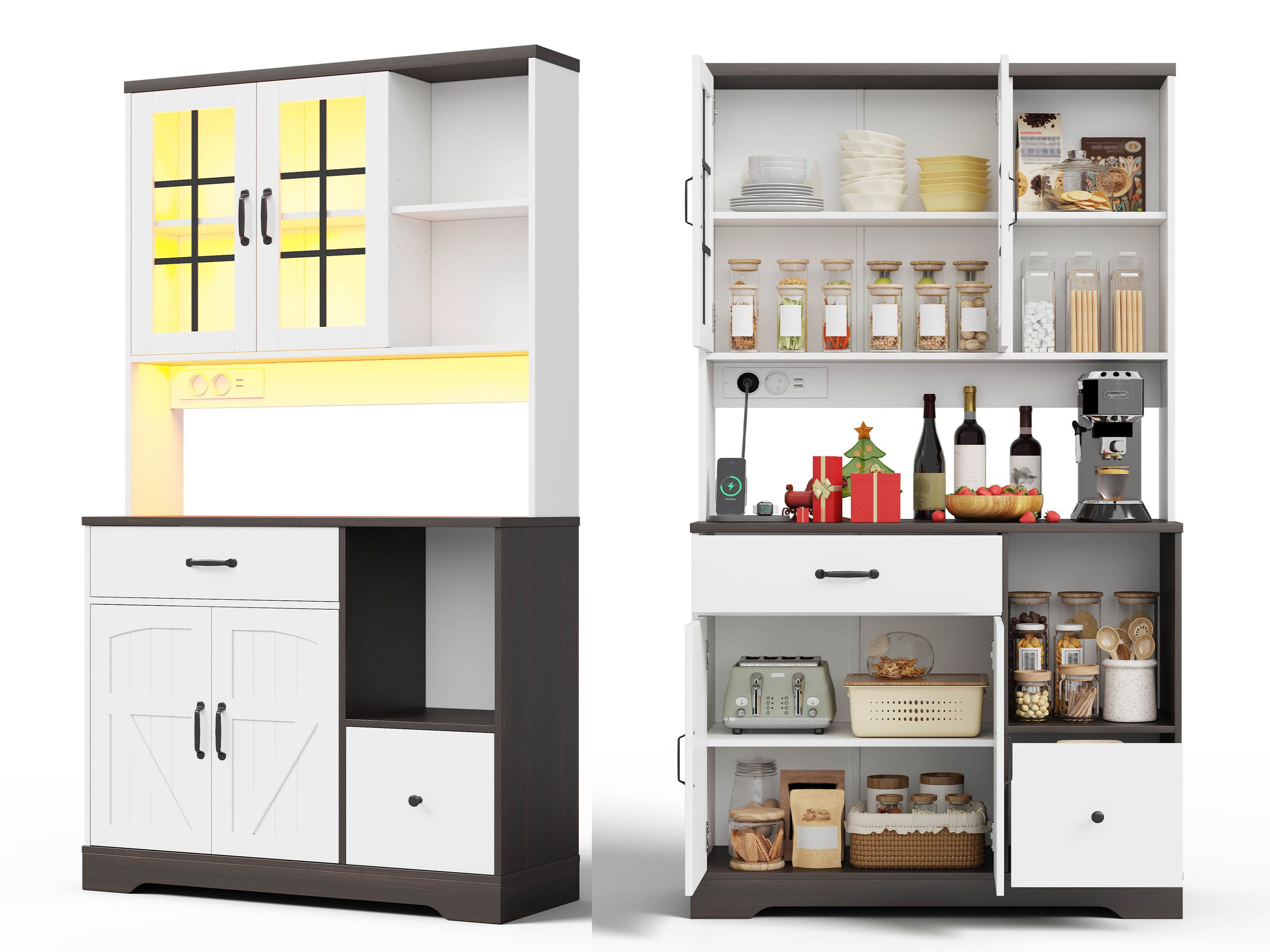 SeedWave Buffet Landhausstil Küchenbuffet mit 102cm Arbeitsplatte, LED & Ladefunktion Höhe 185cm Küchenschrank mit Glastüren, verstellbaren Fächern