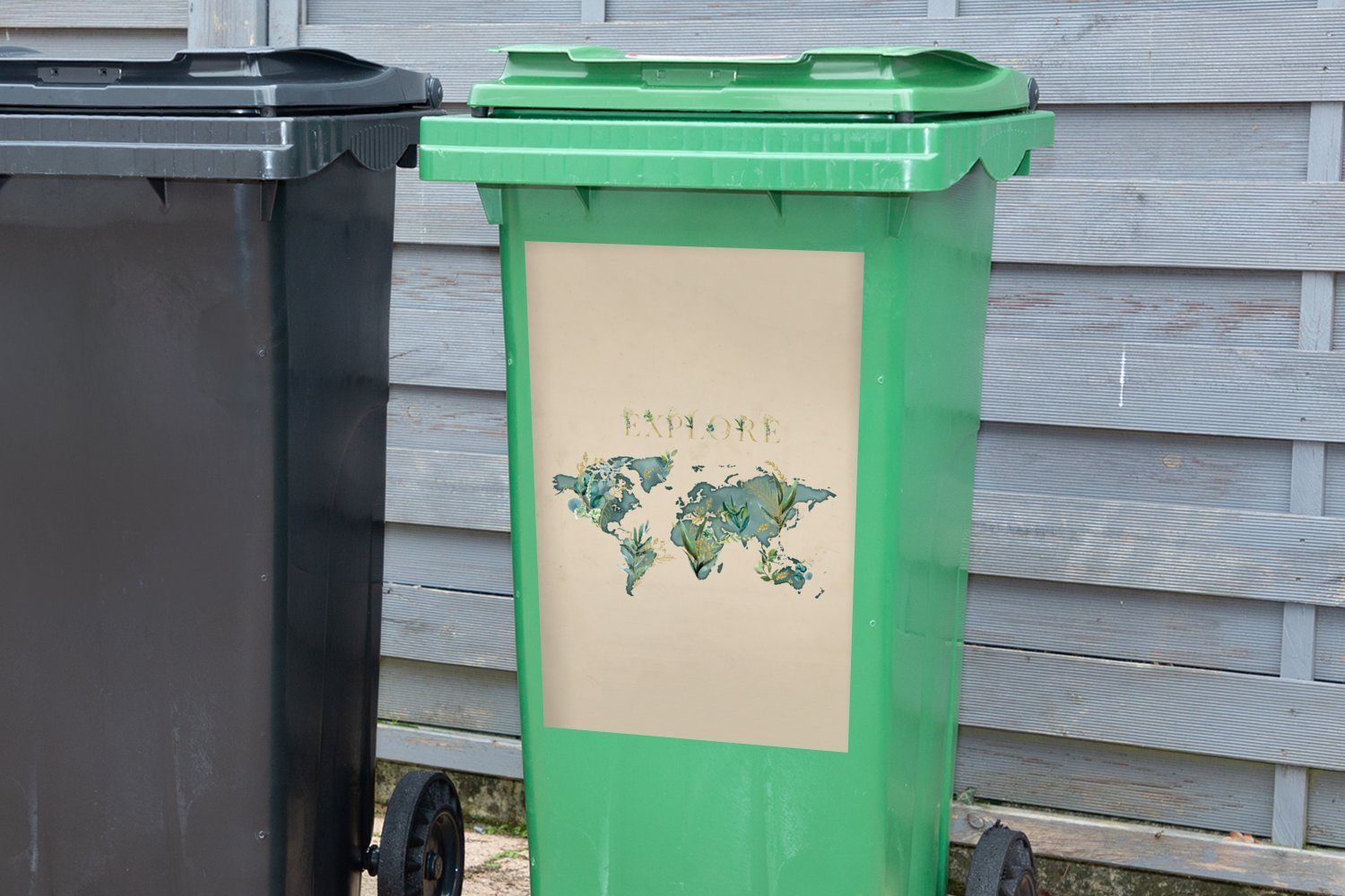 St), - Mülltonne, Türkis Abfalbehälter Sticker, Pflanzen Mülleimer-aufkleber, Weltkarte - MuchoWow Wandsticker (1 Container,