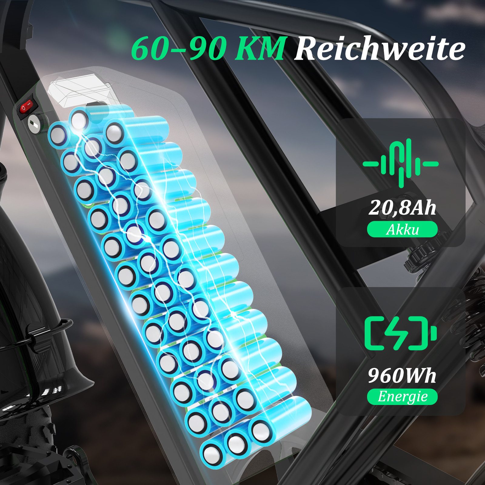 RCB E-Bike Pedelec G19, NFC&APP, 20.8Ah, 60–90 KM range, 20×4.0 inch electric bicycle, 7-speed, derailleur gears, 250W rear motor, 960 Wh