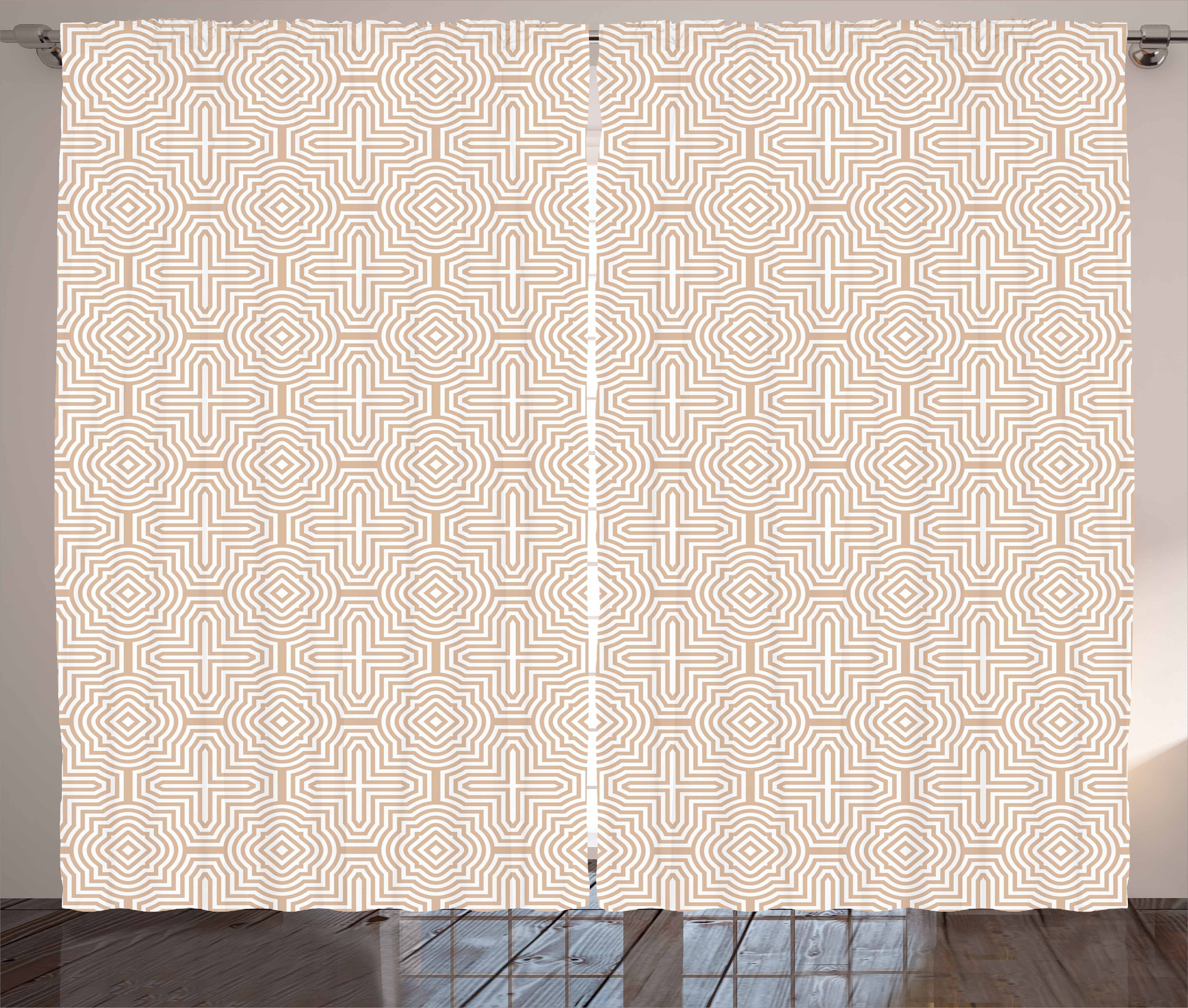 Gardine Schlafzimmer Kräuselband Vorhang mit Schlaufen und Haken, Abakuhaus, Tan und Weiß Abstrakt Maze