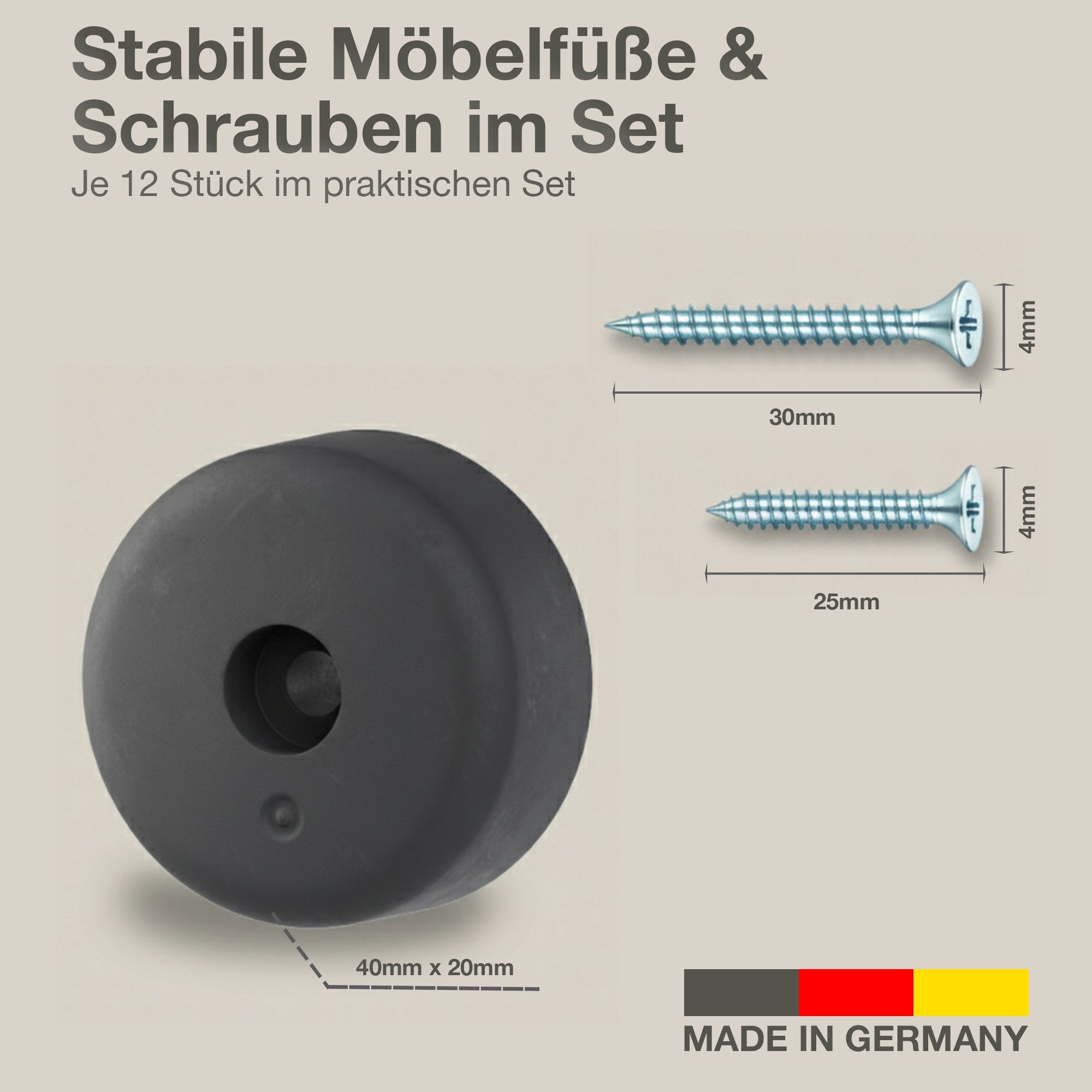 K-Möbel Möbelfuß C1100, (Set, 12-St., 12 Stück inkl 25mm & 30mm Schrauben), Made in Germany - bis 300kg belastbar