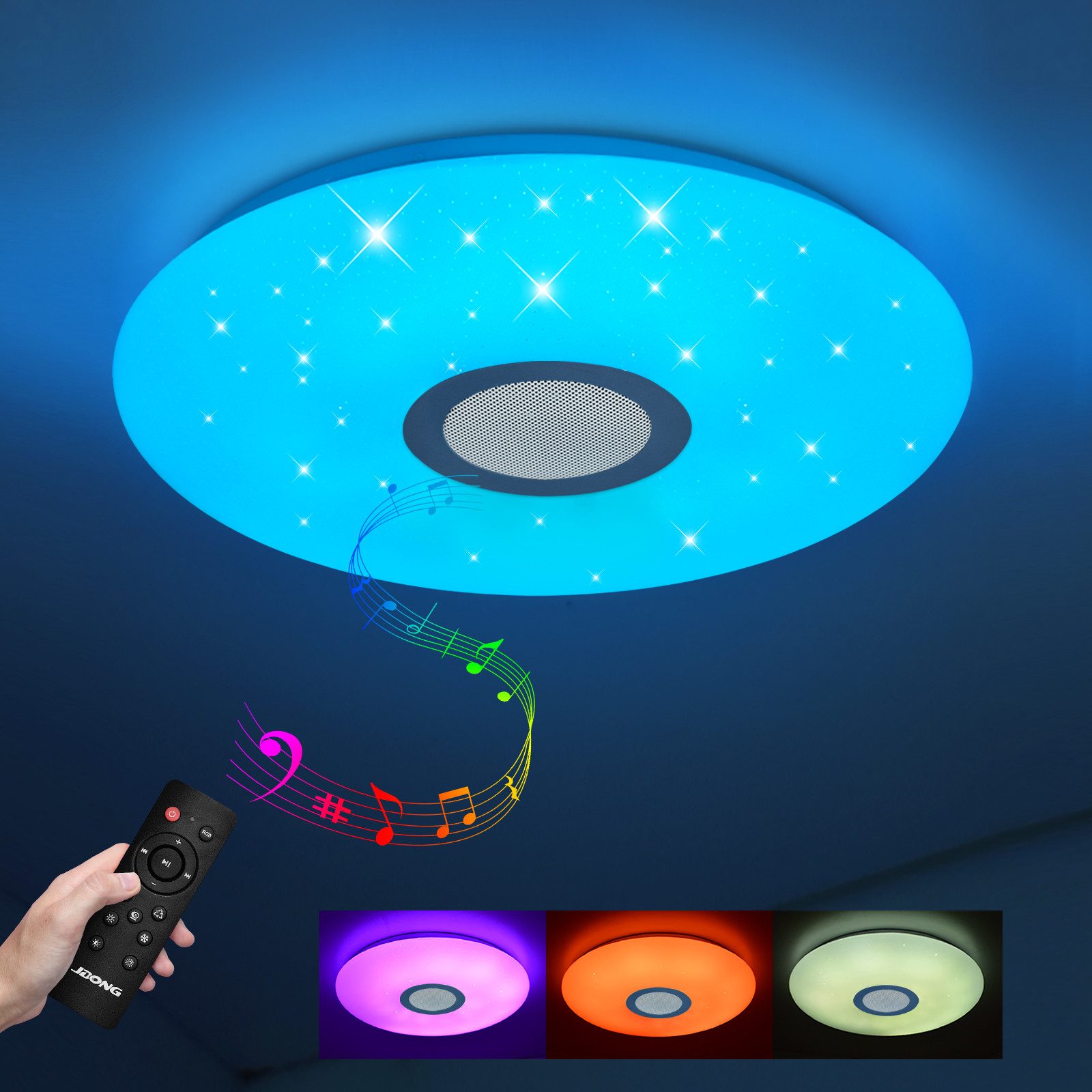 JDONG LED Deckenleuchte Dimmbar mit Bluetooth Lautsprecher 30cm/40cm/50cm, LED Deckenlampe mit Fernbedienung oder APP-Steuerung, 3000-6500K RGBW Farbwechsel, Musikwiedergabe für Schlafzimmer Badezimmer Wohnzimmer