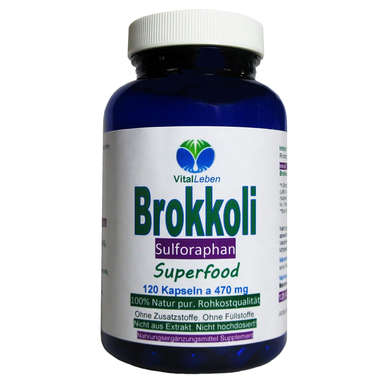 VitalLeben Brokkoli – Naturrein mit Sulforaphan & Indol-3-Carbinol Kapseln, 1 er Dose à 120 St., 56,4 g, Art. 26820-120