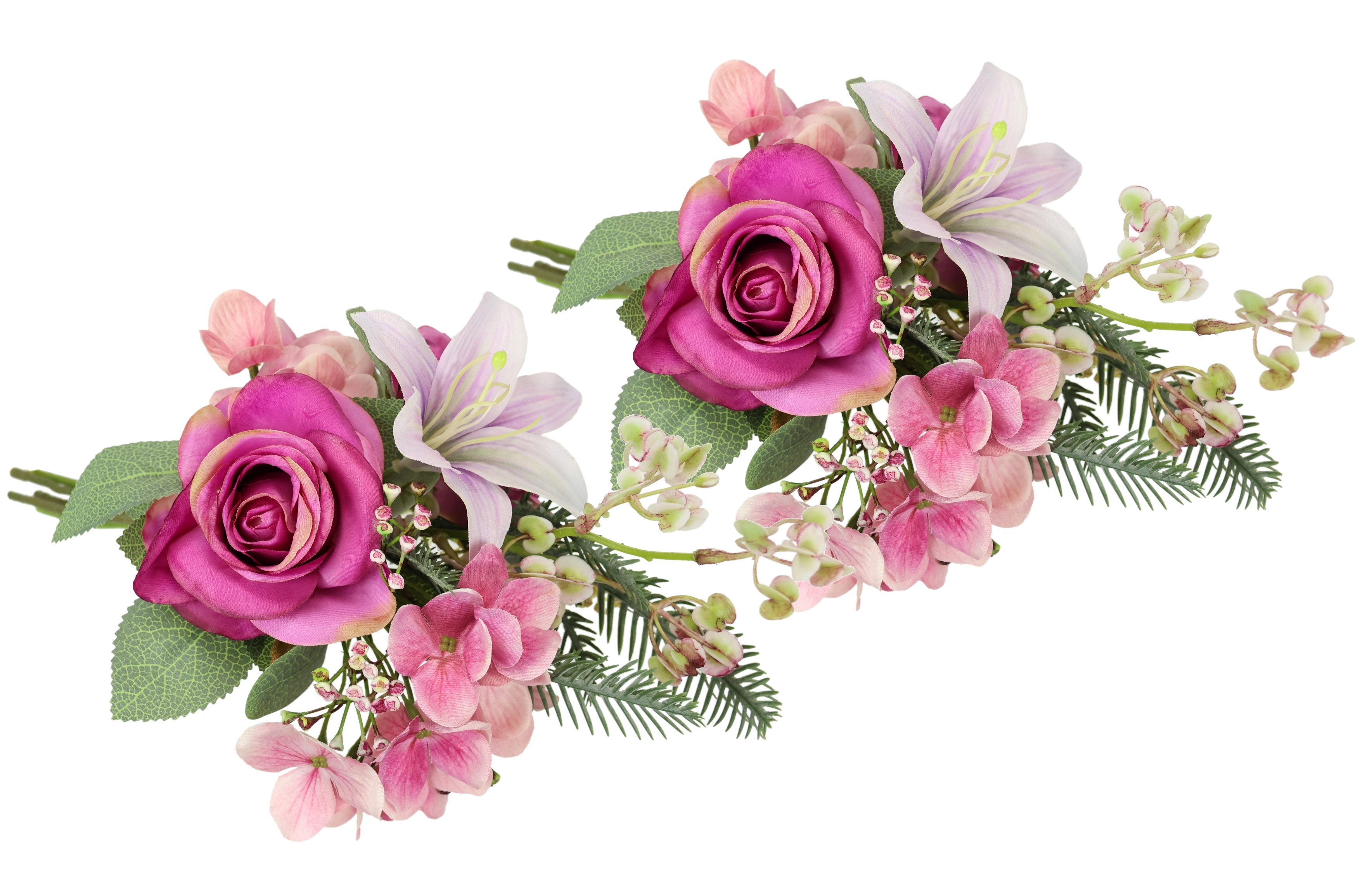Kunstblume Kunstblumen-Strauß Rosen Lilien Hortensie, I.GE.A., Höhe 35 cm, Blumenstrauß Bouquet Blume Grabschmuck Aufleger Grabdeko