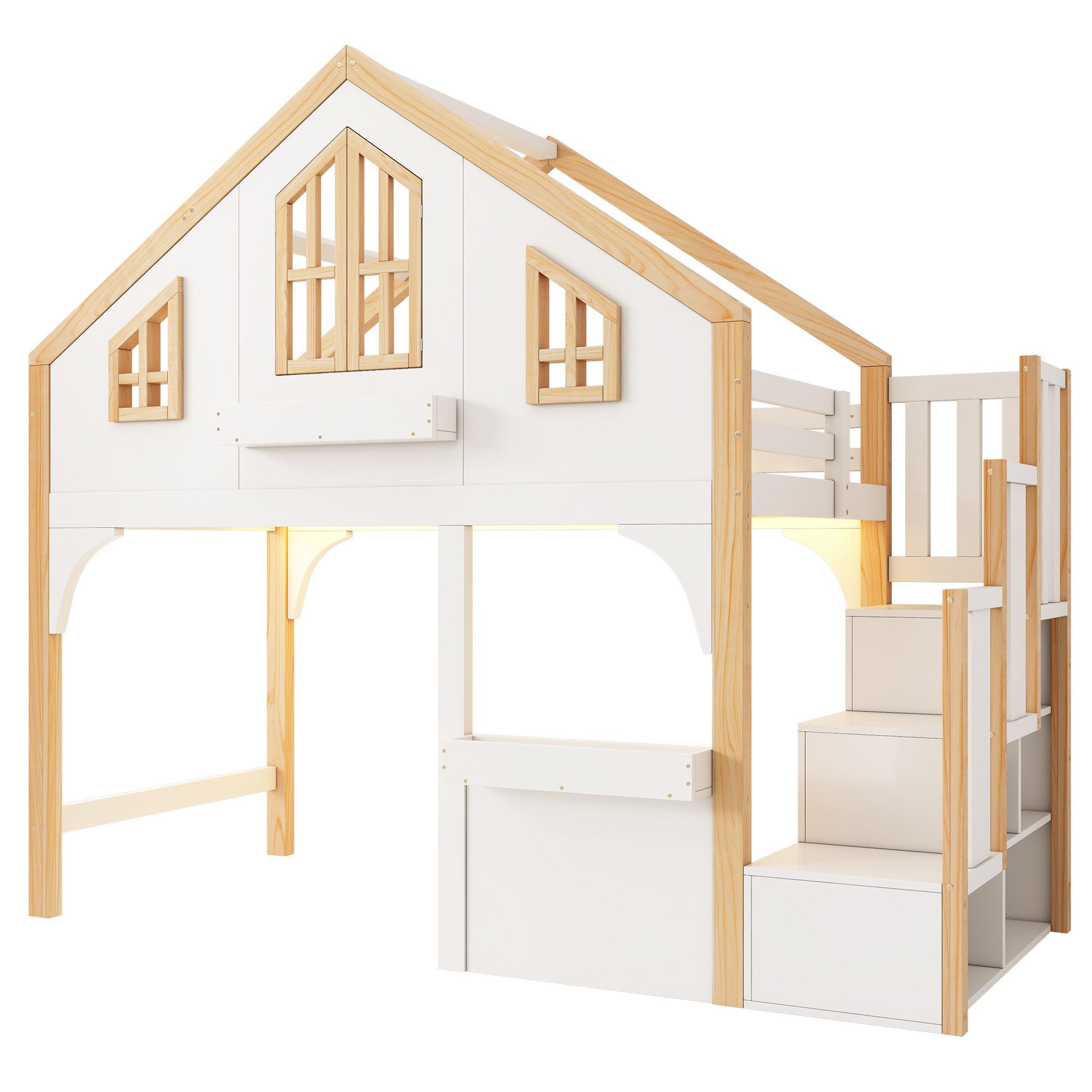 OKWISH Hochbett 90x200 cm in Weiß/Natur mit LED (Packung, 1-St., mit einem stabilen Holzrahmen und MDF-Platten gefertigt) mit Stauraumtreppe, Fenster-Form(mit Matratze)