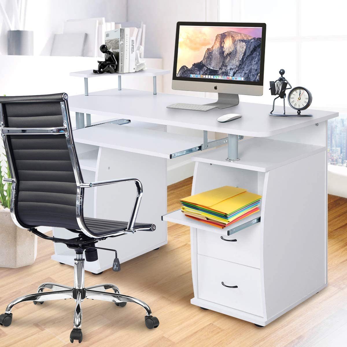 Weiß Computertisch Schreibtisch, KOMFOTTEU Tastaturauszug, 120x55x76cm, mit