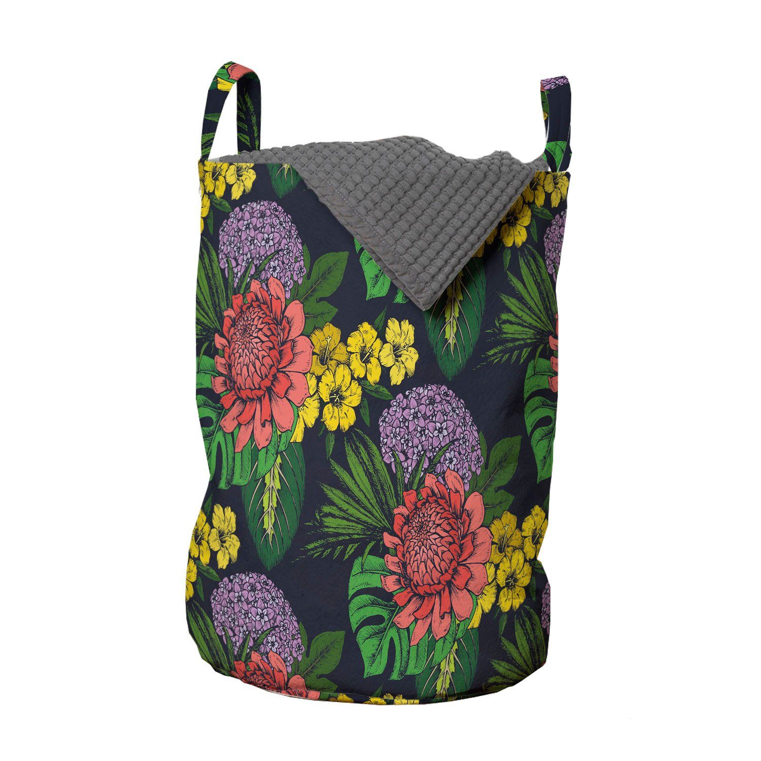Abakuhaus Wäschesäckchen Wäschekorb mit Griffen Kordelzugverschluss für Waschsalons, Blumen Tropisches Blatt Dschungel-Blumen