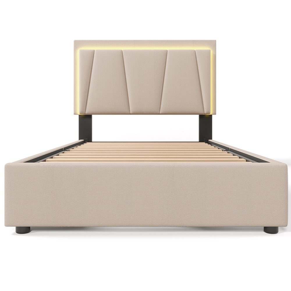 Polsterbett (Stauraumbett, mit Matratze), Einzelbett 90x200cm mit LED-Beleuchtung und 2 Schubladen