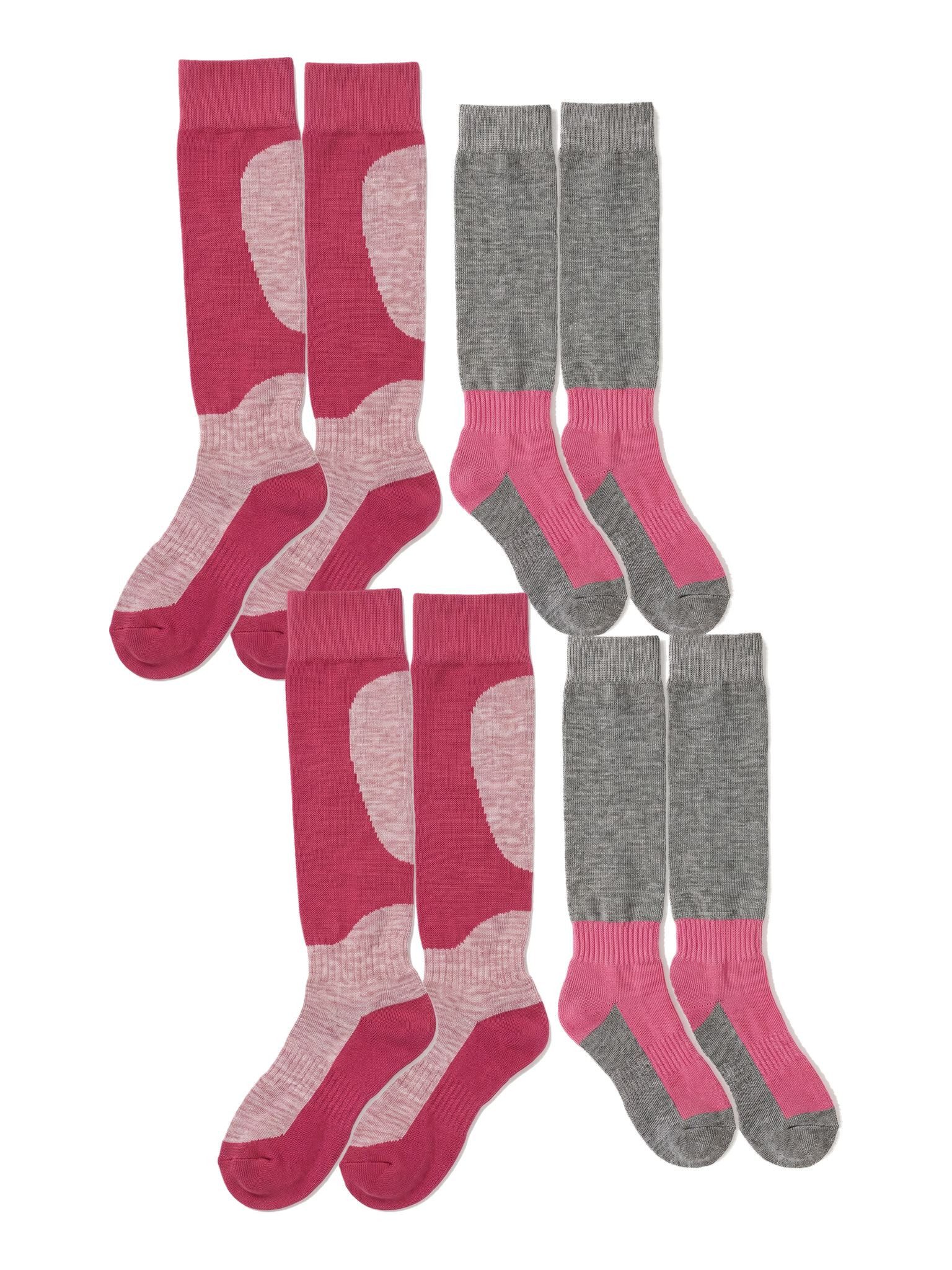 Black Snake Skisocken Kinder Ski Kniestrümpfe lang mit warmer Wolle für Jungen und Mädchen (Socken-Set, 4-Paar, Pink-Grau 27/30) Skistrümpfe mit breitem Bündchen flacher Zehennaht und Rippen am Rist
