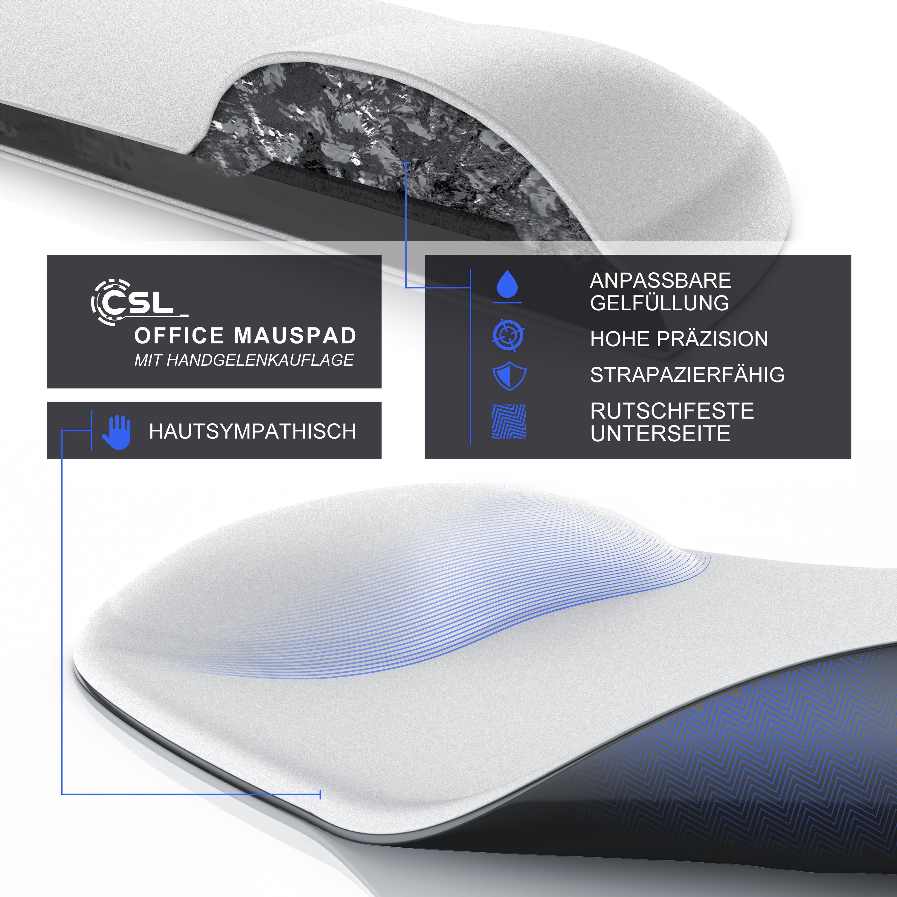 CSL Mauspad Office Gel Mousepad mit ergonomischer Handgelenkauflage, Office Gel Mousepad mit ergonomischer Handgelenkauflage,weiß