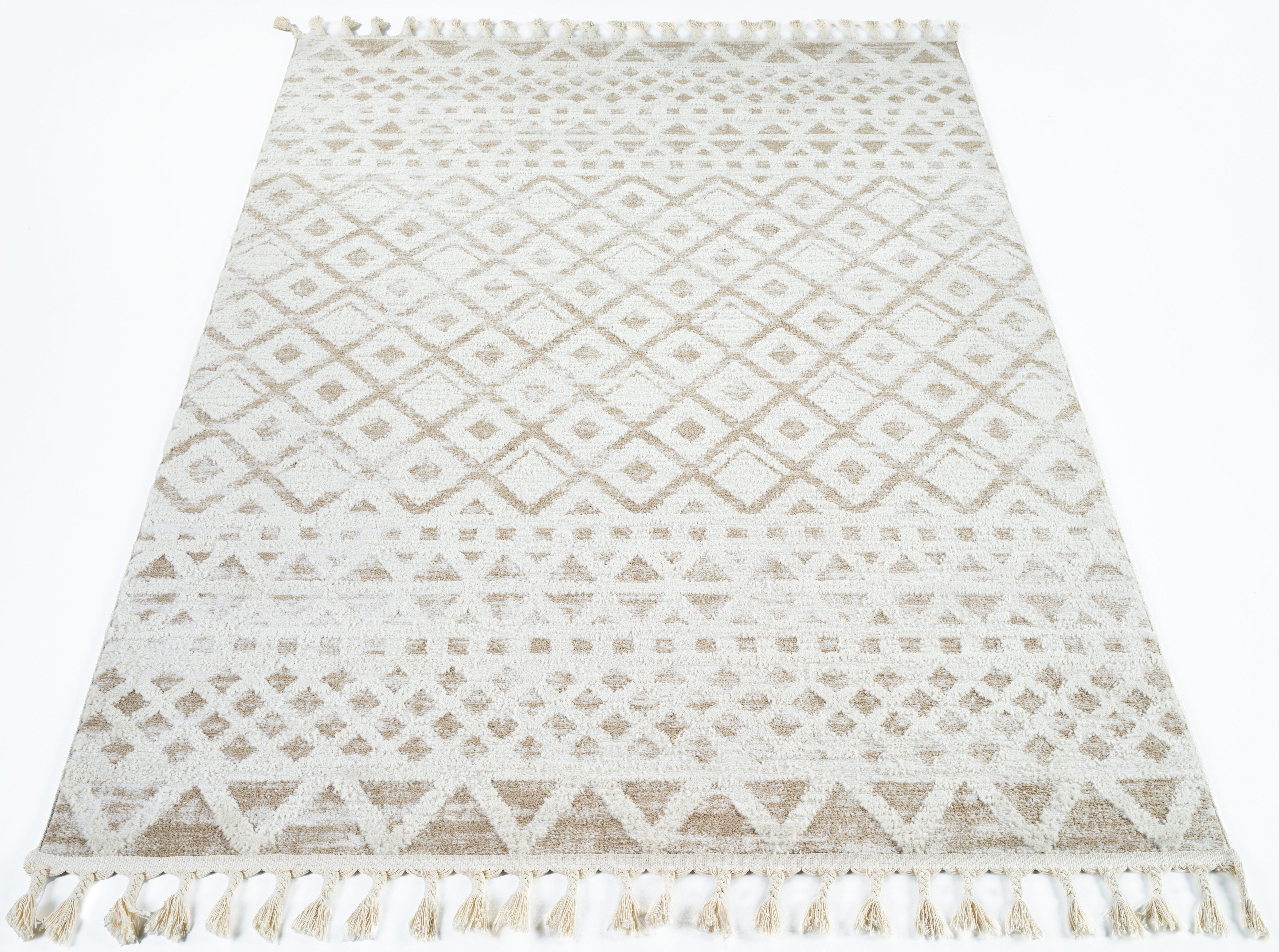 OTTO home Teppich Ribeyret, rechteckig, Höhe: 11 mm, mit Fransen, Hoch-Tief-Struktur, Woll-Look, Boho-Style, Wohnzimmer