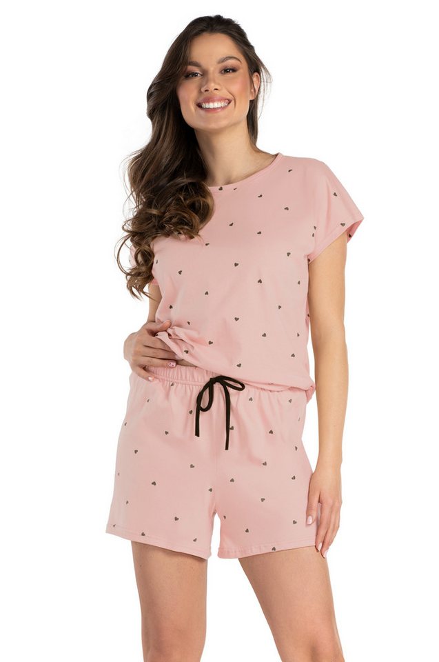 Mademoiselle Sommeil Shorty Damen Schlafanzug in Beige mit schwarzen Herzmuster (2 tlg., 1 Stück) aus 100% Baumwolle