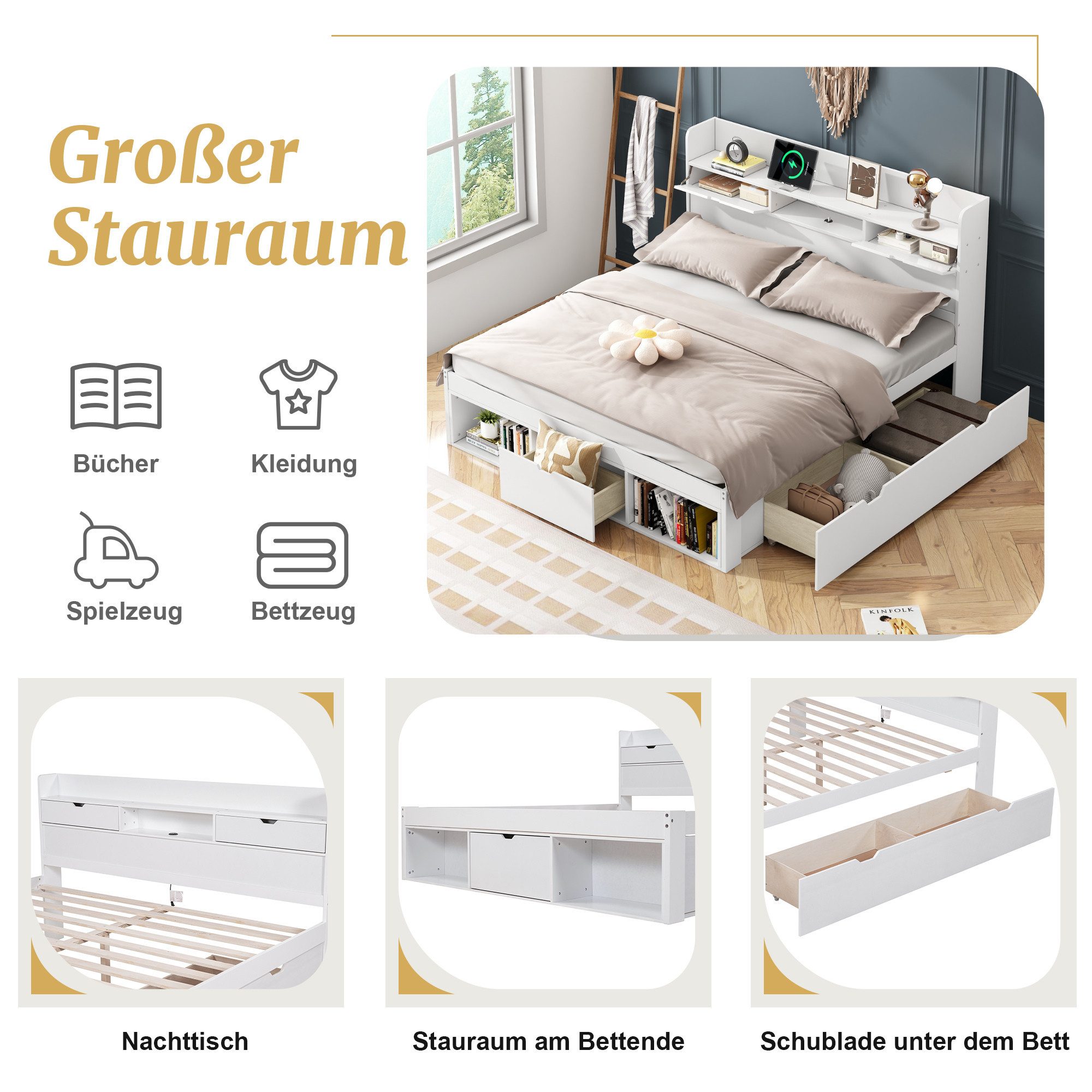 Flieks Holzbett, Doppelbett 160x200cm mit USB-Laden & Schubladen & Stauraum günstig online kaufen