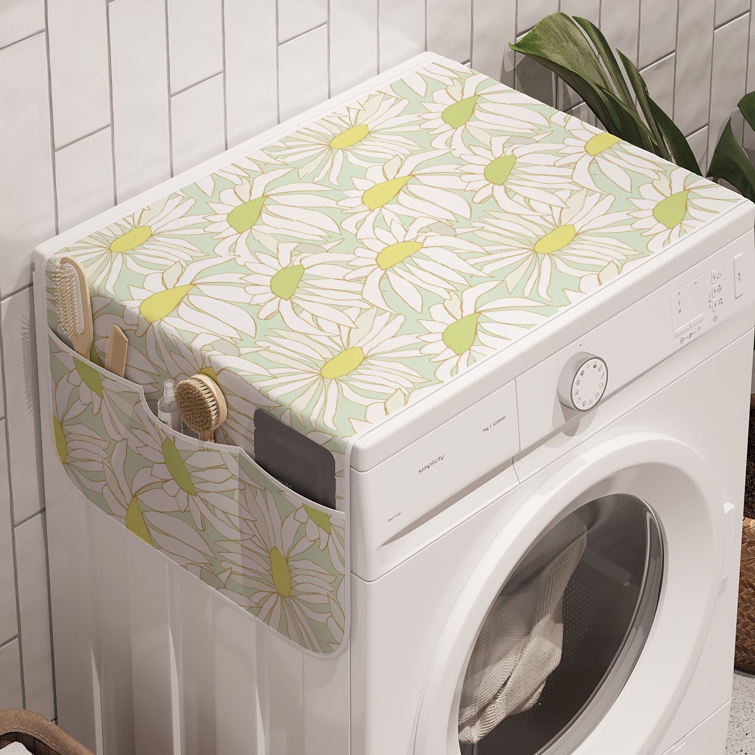Abakuhaus Badorganizer Anti-Rutsch-Stoffabdeckung für Waschmaschine und Trockner, Blumen Hand gezeichnet Weiße Blumen