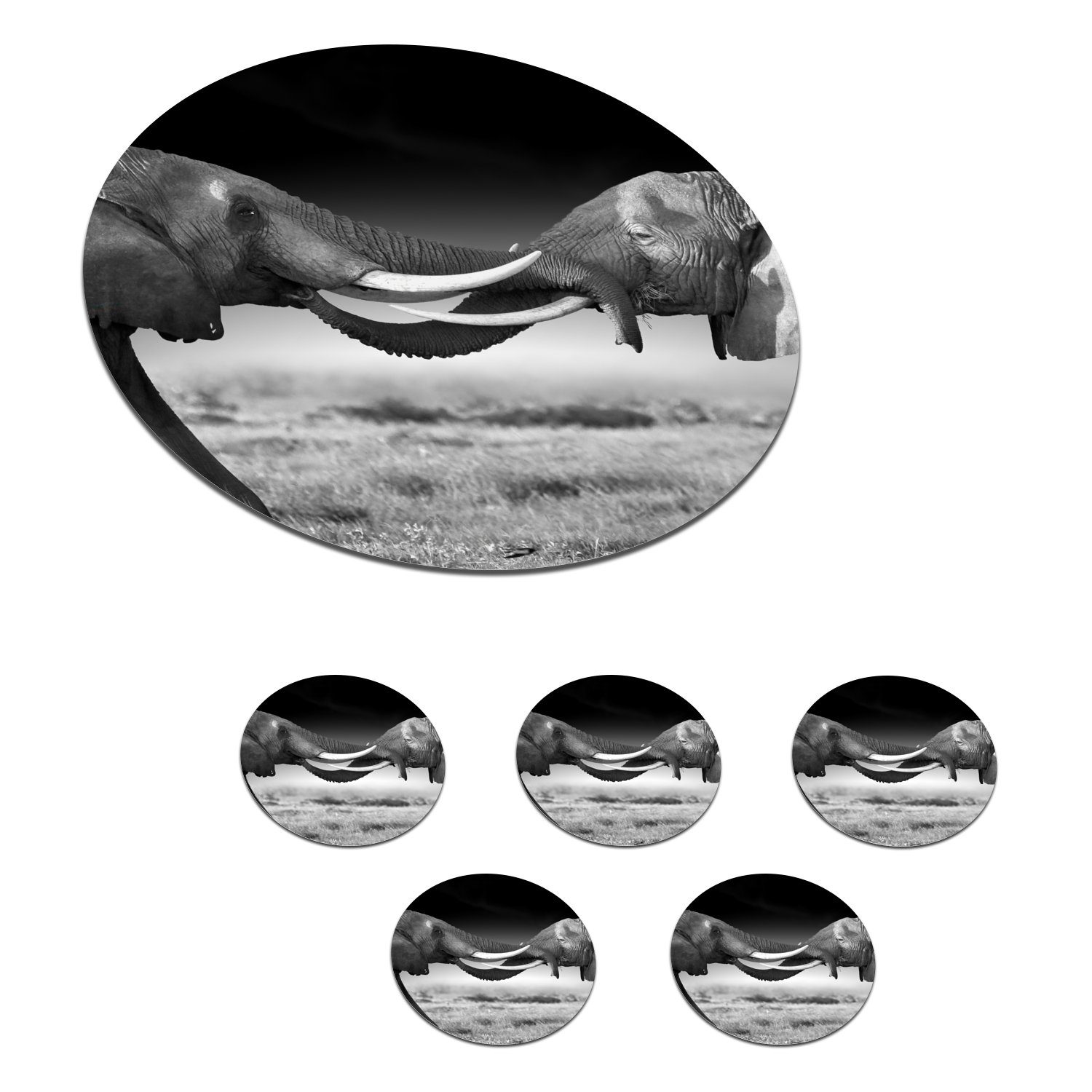 MuchoWow Glasuntersetzer Elefant - Tiere - Schwarz und weiß - Porträt - Landschaft, Zubehör für Gläser, 6-tlg., Getränkeuntersetzer, Tassenuntersetzer, Korkuntersetzer, Tasse, Becher | Getränkeuntersetzer