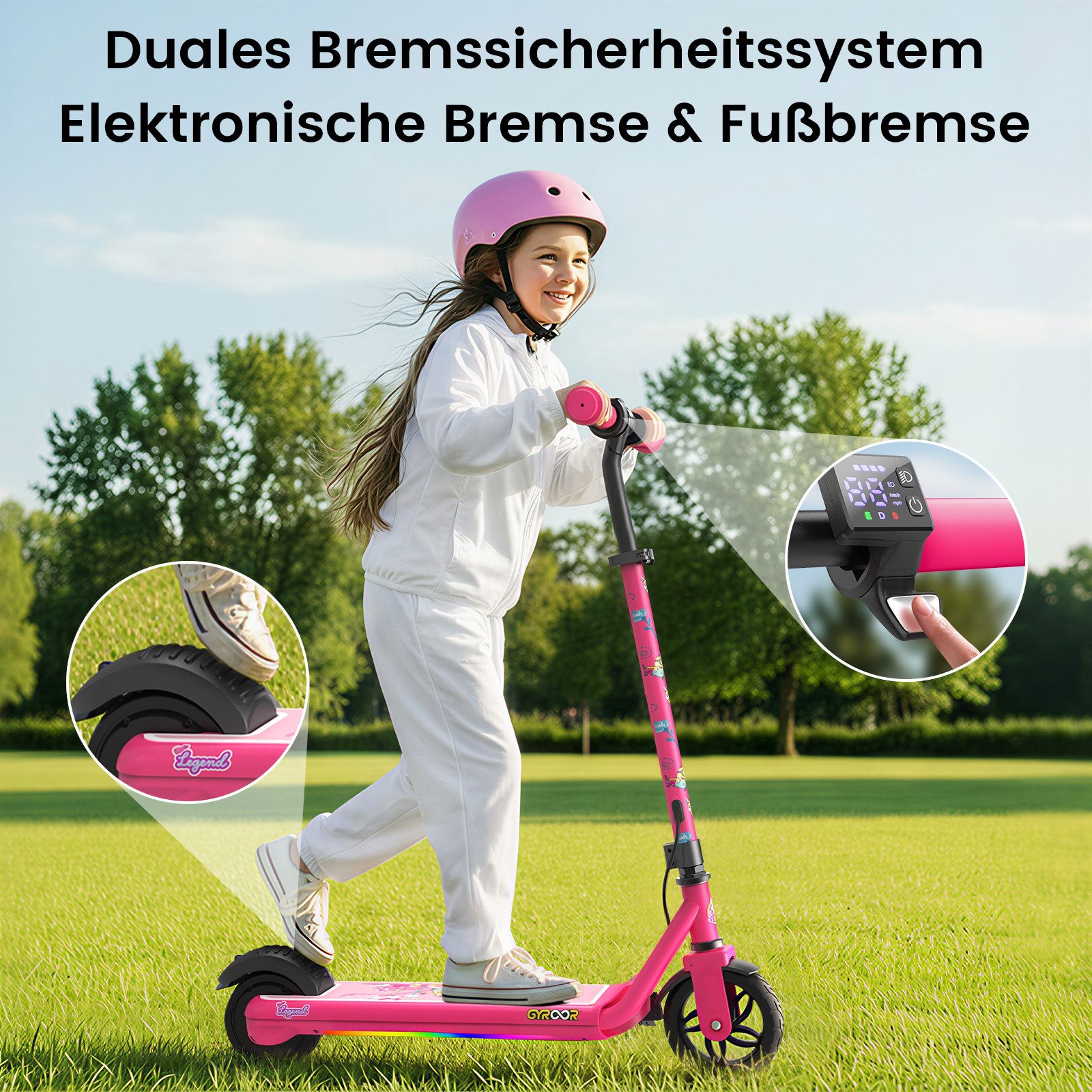 Gyroor E-Scooter Elektro-Kinderroller 6-12 Jahre, Musik E Scooter für Kinder, 16 km/h, (1 tlg), 10/13/16 km/h, LED Display, 3 Einstellbare Höhe, Doppelbremse