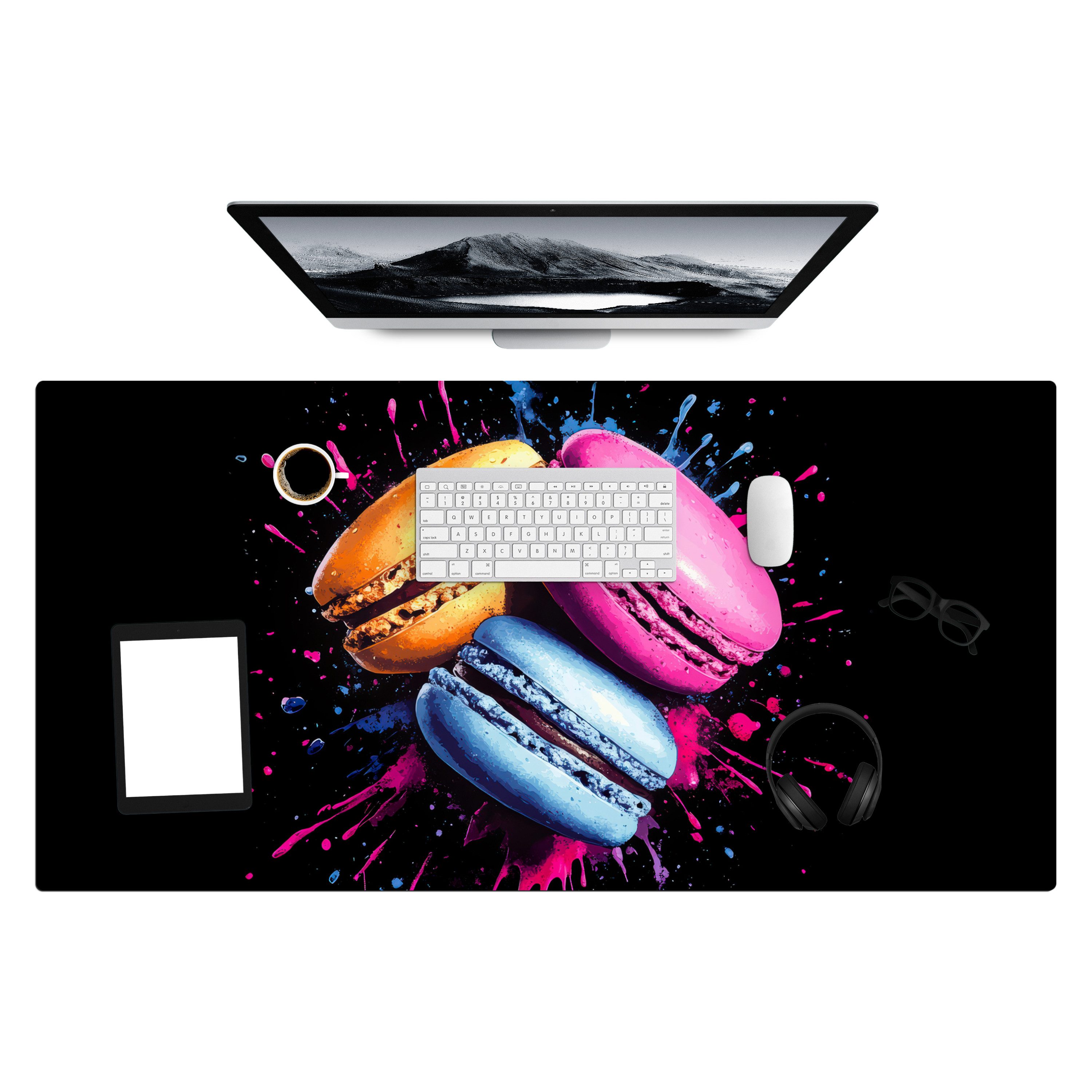 MuchoWow Gaming Mauspad Makronen - Dessert - Graffiti - Bunt - Rosa - Blau - Gelb (1-St), Gaming Mauspad XXL, Schreibtischunterlage, Gaming Zubehör, 120x60 cm