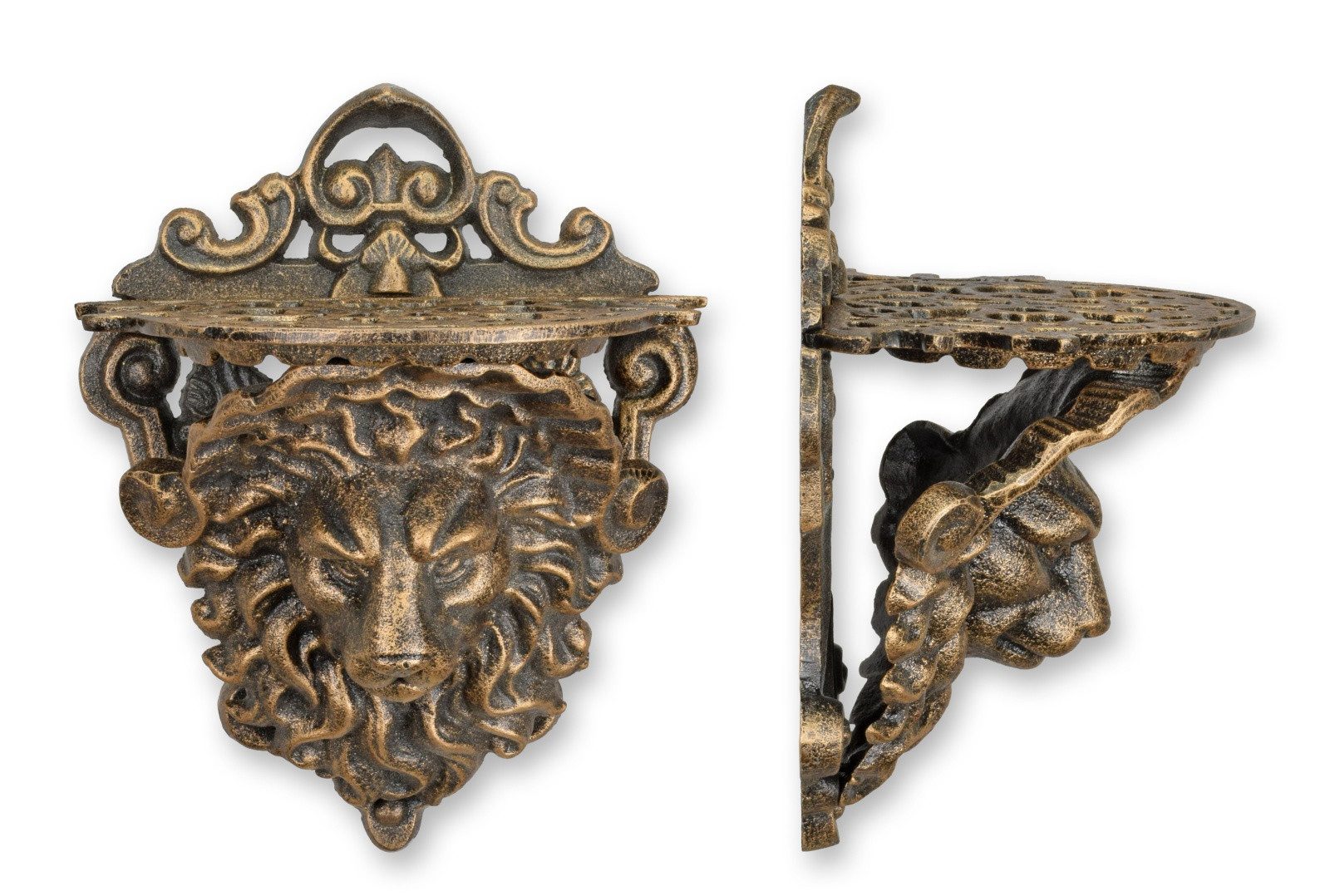 Aubaho Dekoobjekt Eine Wandkonsole aus Gusseisen in Form eines Löwenkopfes – in Bronzeop