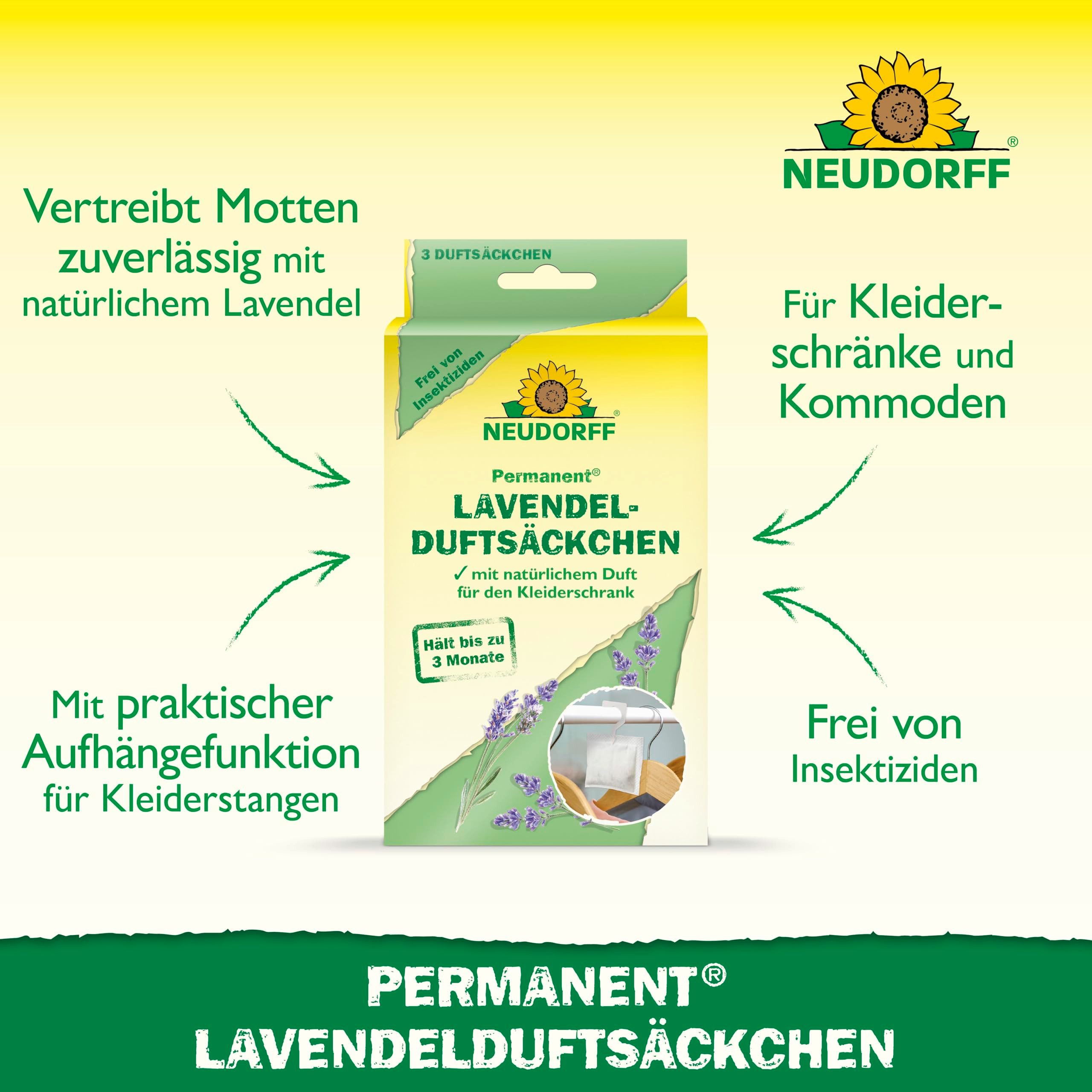 Neudorff Vergrämungsmittel Permanent Lavendelduftsäckchen - 3 Stück, Lavendelsäckchen bekämpft zuverlässig Kleidermotten, in Kleiderschränken und Kommoden mit natürlichem Lavendel, Natürliche Mottenabwehr ohne Insektizide Langzeitwirkung bis zu 3 Mon.