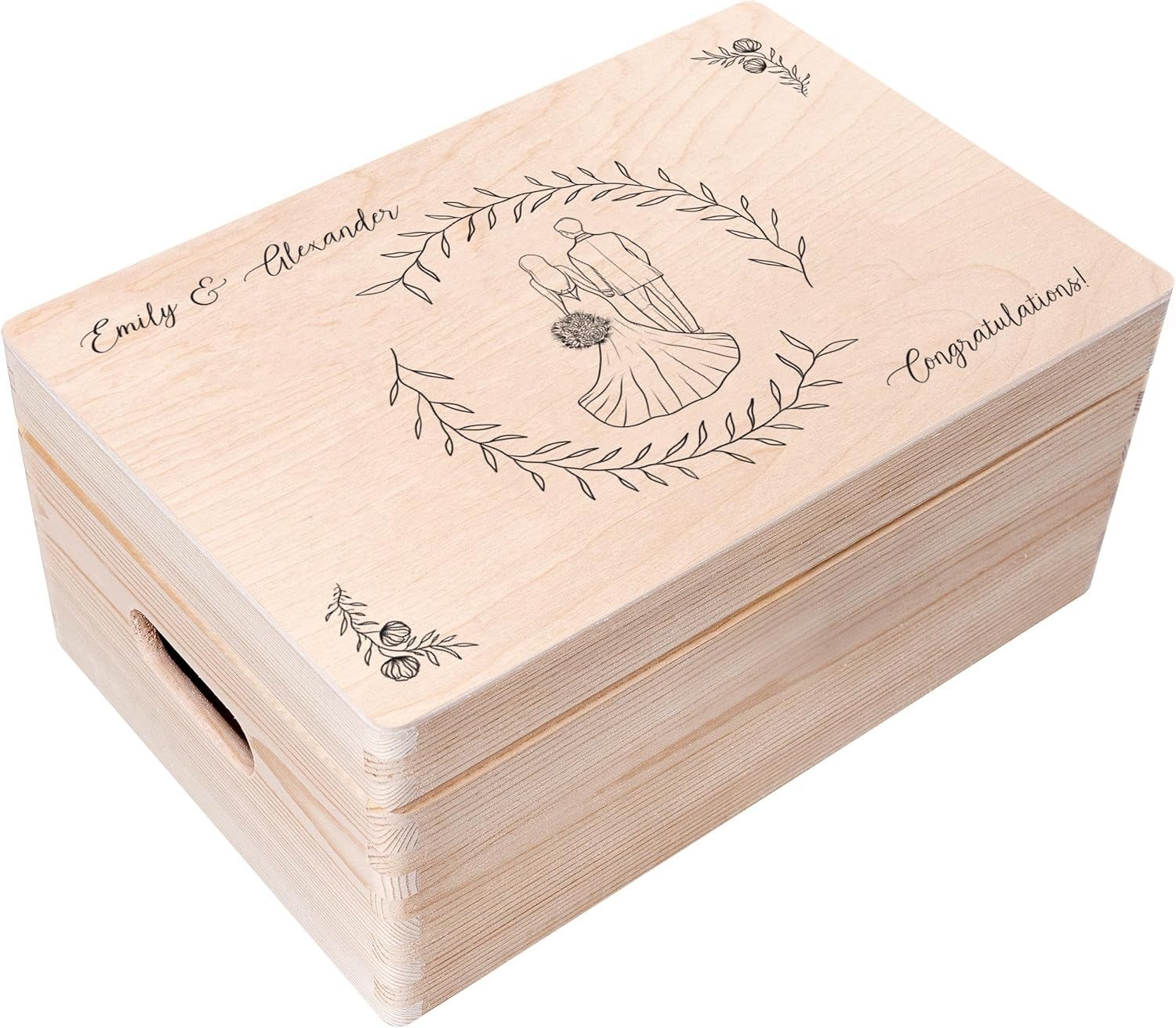 Holzkiste Geschenk zur Hochzeit, Erinnerungsbox Natur 30 x 20 x 14 cm