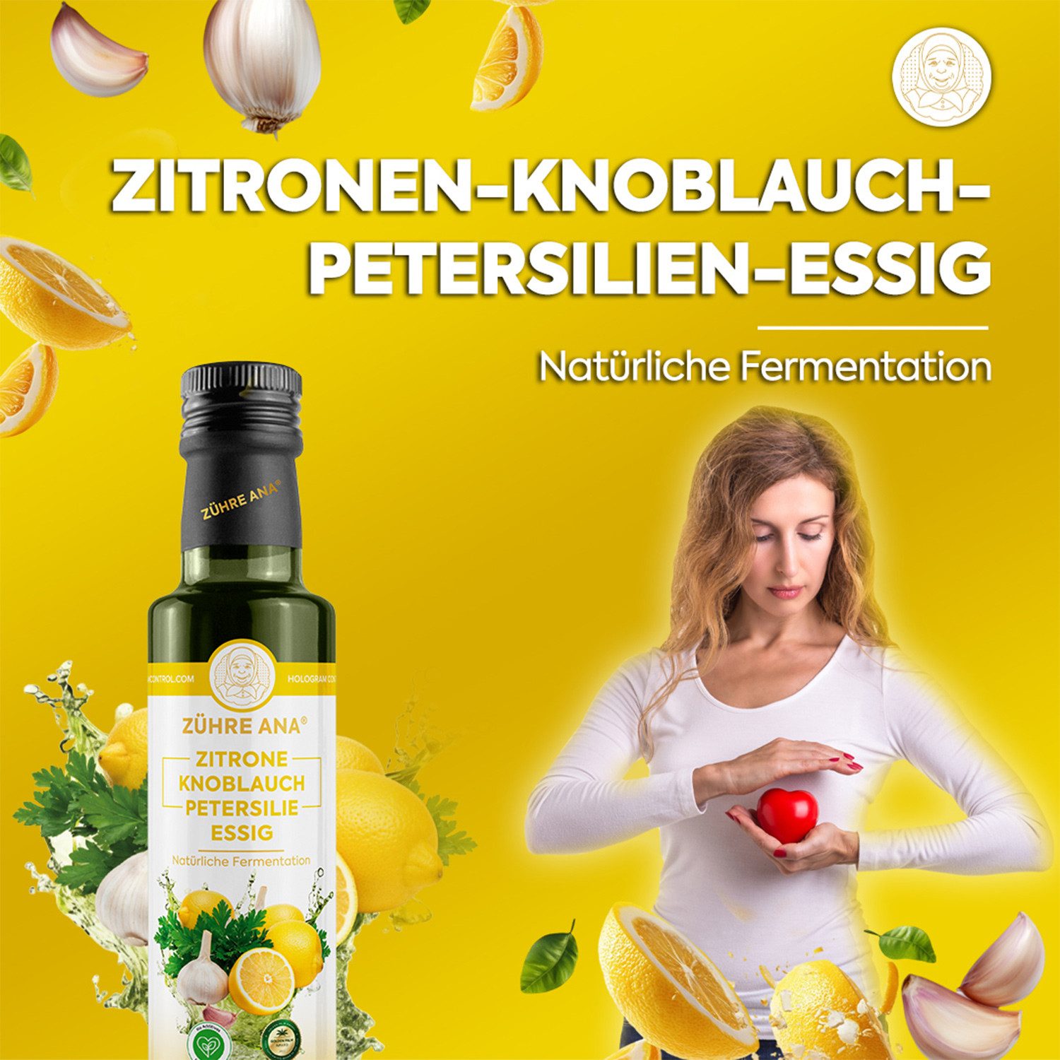 Zühre Ana® Essig Zitrone Knoblauch Petersilie Essig- Natürlich & Ungefiltert, 500 ml, Traditioneller Essig für Tisch und Küche