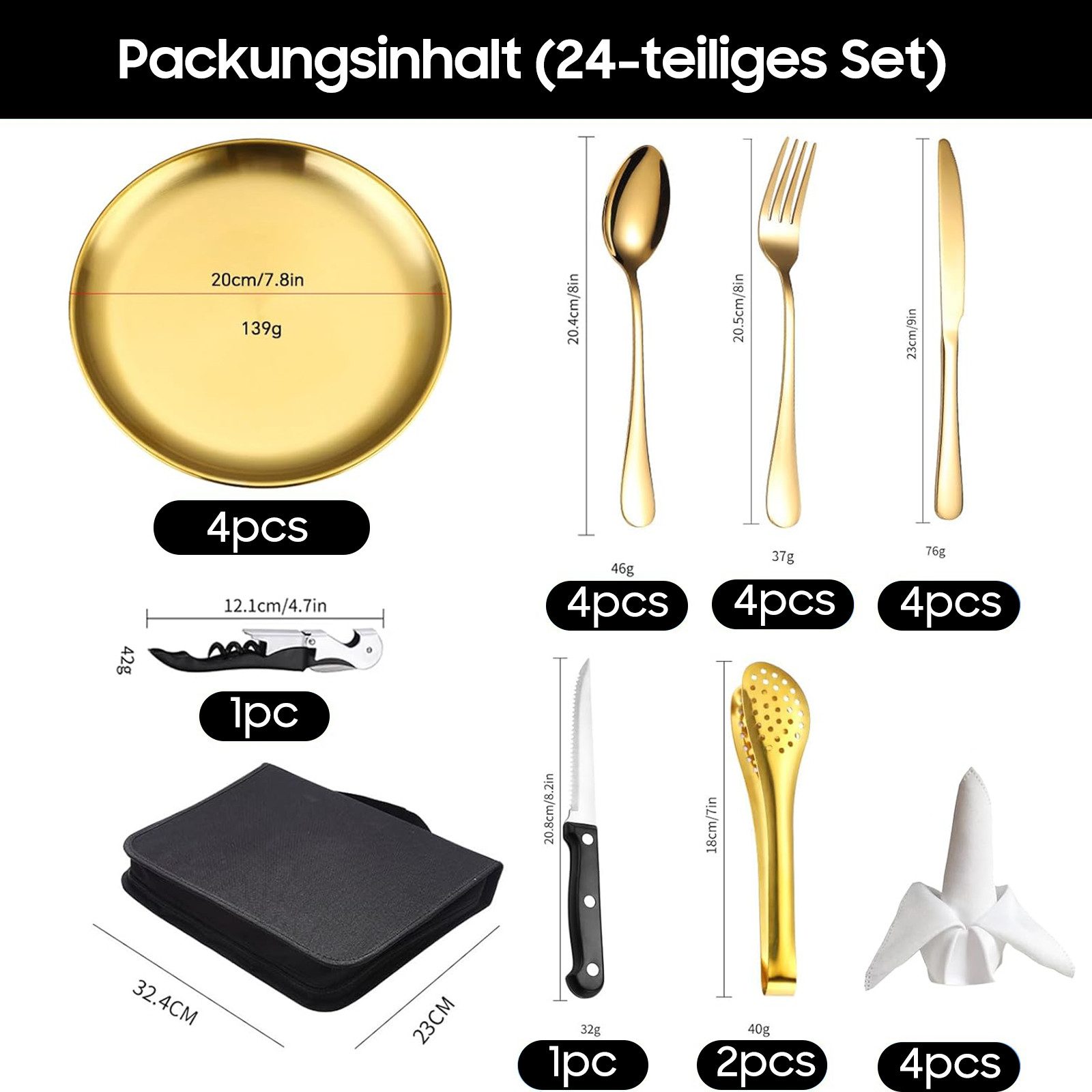 SURFOU Besteck-Set Camping Geschirr Set 4 Personen, 24 Stück Camping Besteck Set, 4 Personen, Besteck Camping mit Löffel Gabel Messer Teller Clip für Camping,Reisen
