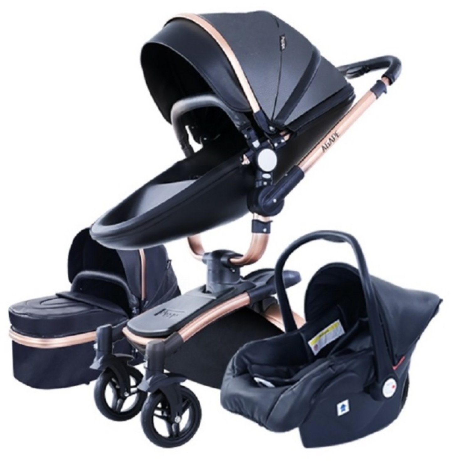 TPFFamily Kombi-Kinderwagen Babyschale Baby, Buggy Babywanne Kinderwagen 3 in 1 inkl. Stauraum Kunstleder Schwarz