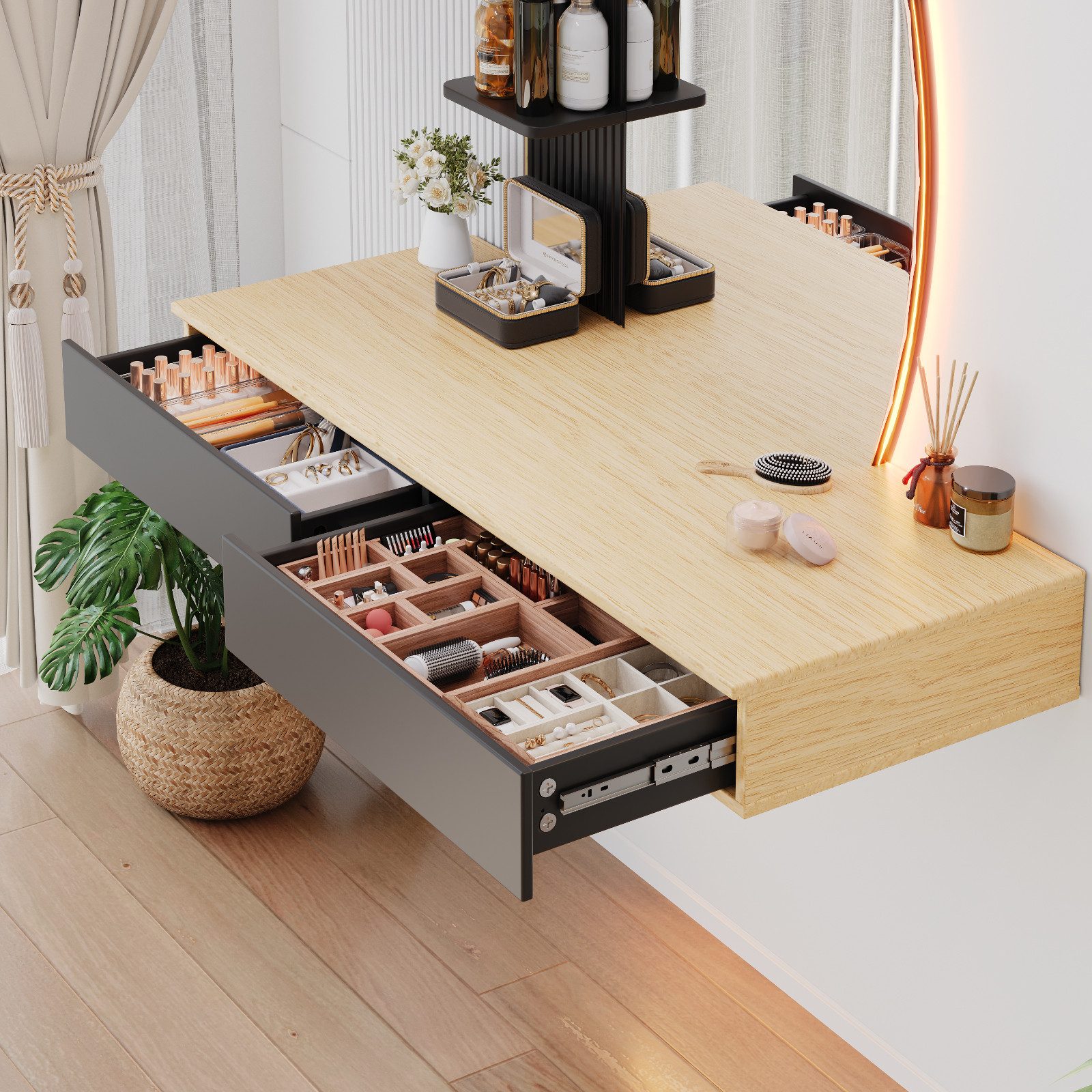 HOMALL Schminktisch Hängender Schminktisch mit LED-Beleuchtung (Maße: 106 × 40 × 143 cm, mit 3 offenen Ablagefächern, 2 Schubladen und drei einstellbaren Farbte – Bild 5 von 5