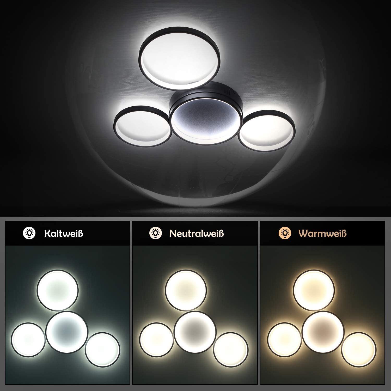 Nettlife LED Deckenleuchte Deckenlampe Warmweiß, 4 LED Ringe Küche Neutralweiß, integriert, mit mit Schlafzimmer Fernbedienung, Wohnzimmer fest Dimmbar Schwarz für Kaltweiß, Metall