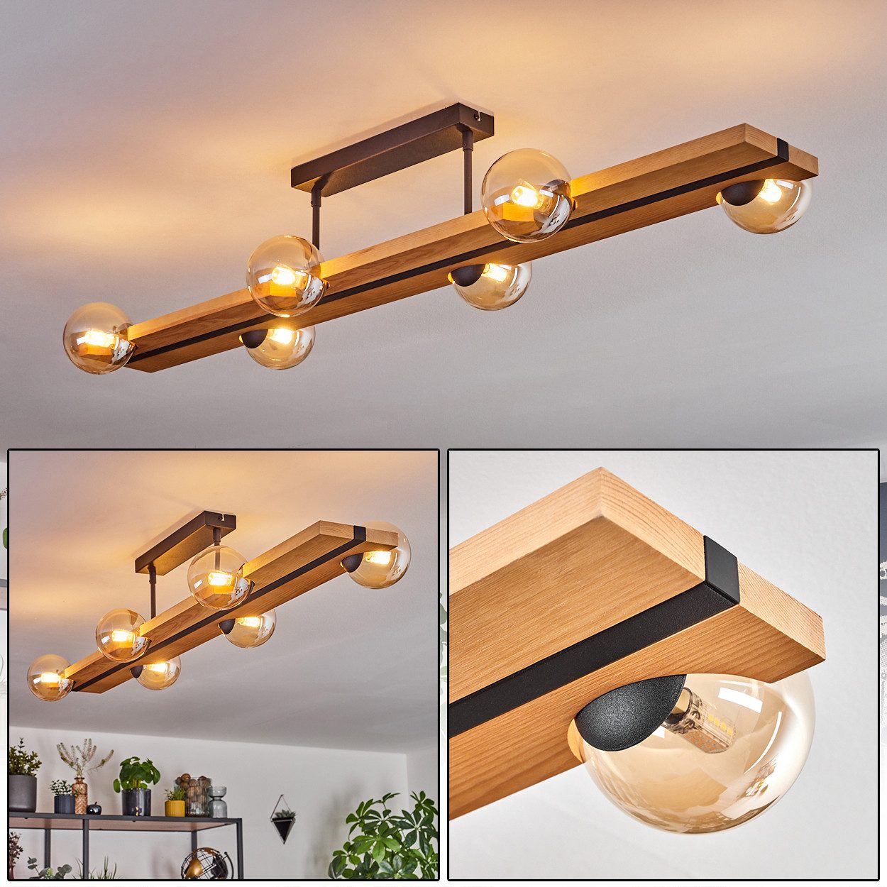 hofstein Deckenleuchte Deckenlampe aus Metall/Holz/Glas in Schwarz/Natur/Bernsteinfarben, ohne Leuchtmittel, Leuchte im Vintage-Design mit Glasschirmen (10cm) und Holzbalken, G9