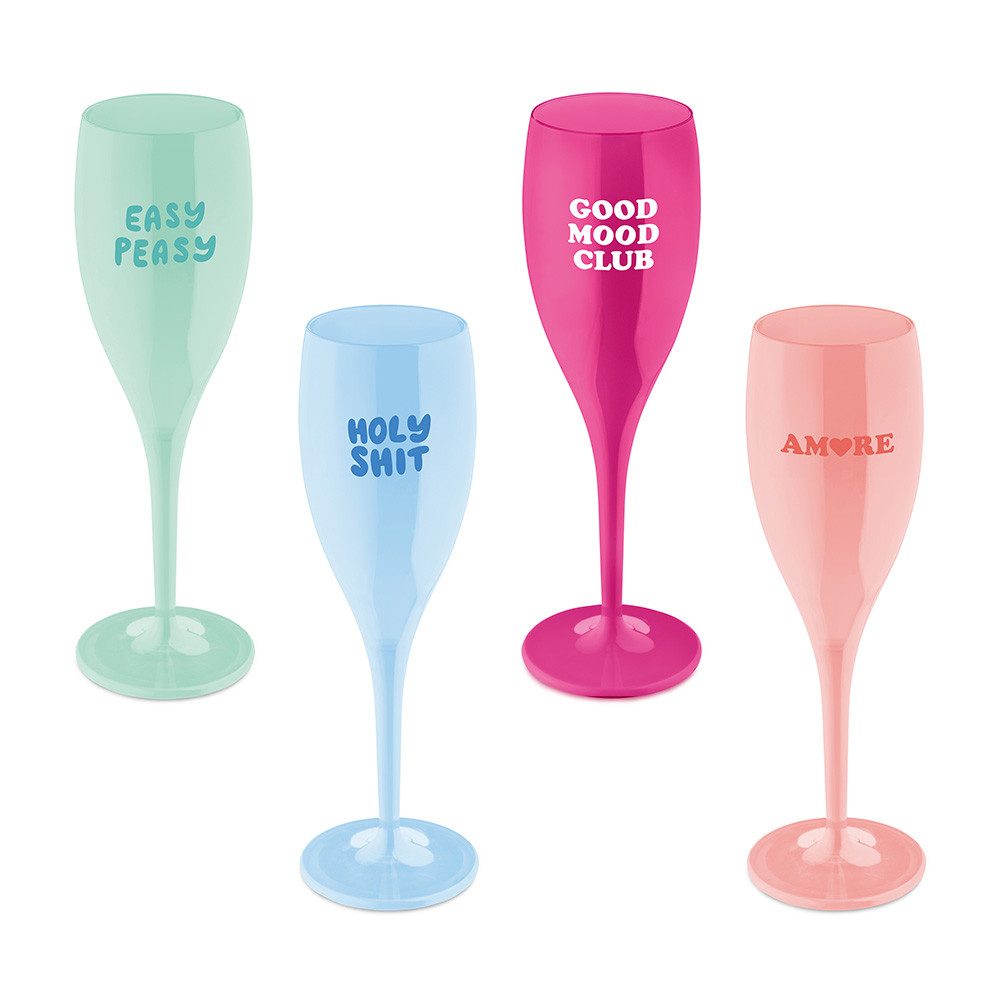 KOZIOL Sektglas CHEERS No. 1 COLOR UP Glas 100 ml mit Druck, 4 Motive, 4-tlg., Kunststoff, spülmaschinengeeignet