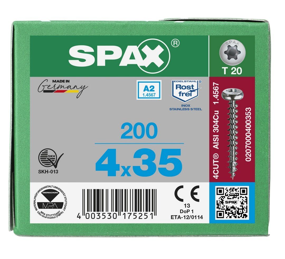 SPAX Spanplattenschraube Edelstahlschraube, St), A2, (Edelstahl 4x35 200 mm