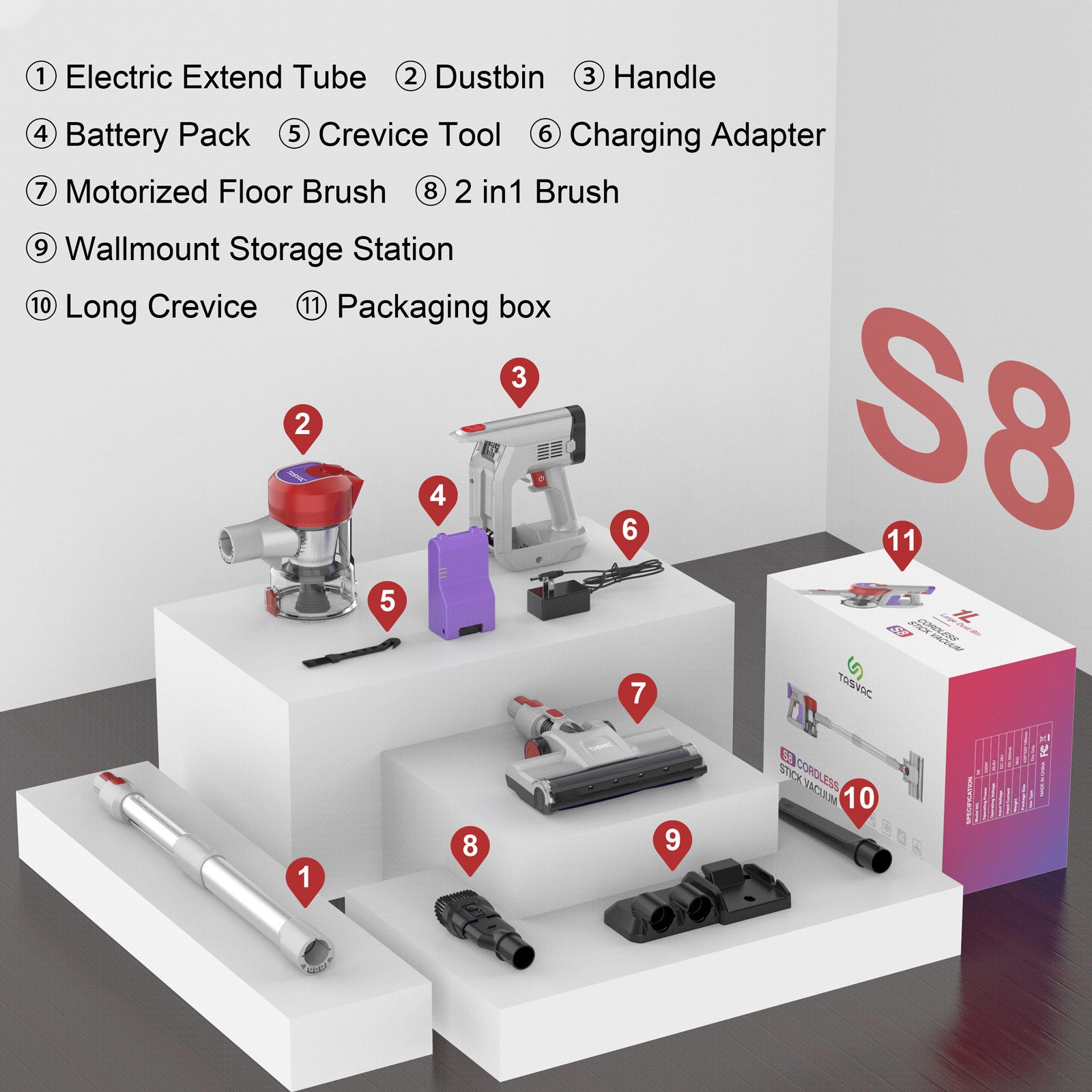 MIBODE Hand-und Stielstaubsauger TASVAC S8 Rot Kabelloser Stielstaubsauger LED-Display Softroller