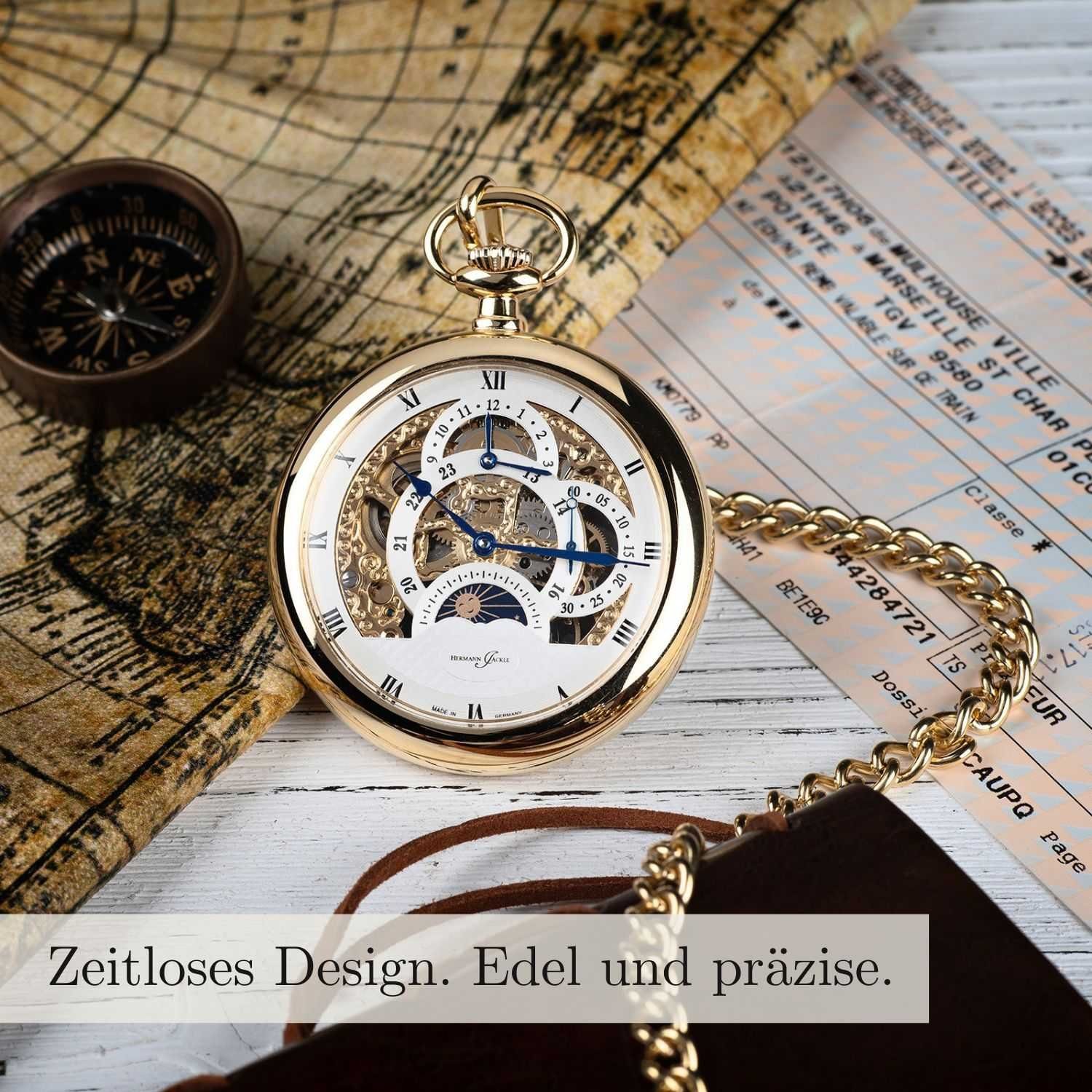 Hermann Jäckle Taschenuhr "Tuttlingen" Vergoldet, Skelettuhr, Handaufzug, 50 mm, Mineralglas, mit Kette & Reiseetui – Made in Germany