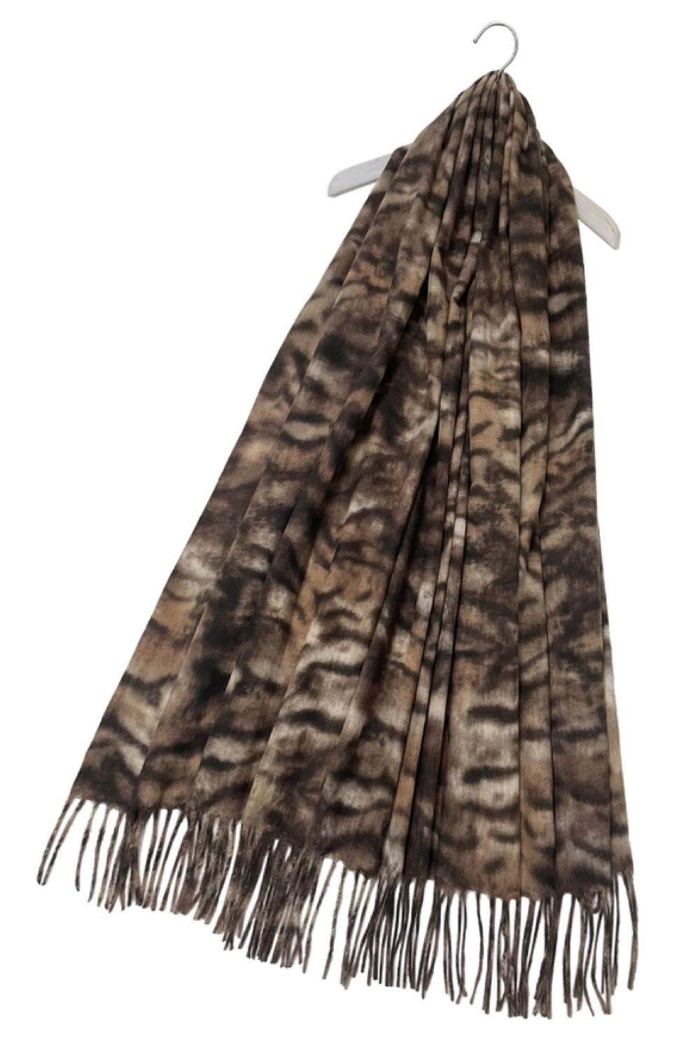 Fashion Scarf World Modeschal Weicher Wollquastenschal mit Tiger-Streifenmuster, Hochwertige Wollmischung für optimalen Tragekomfort