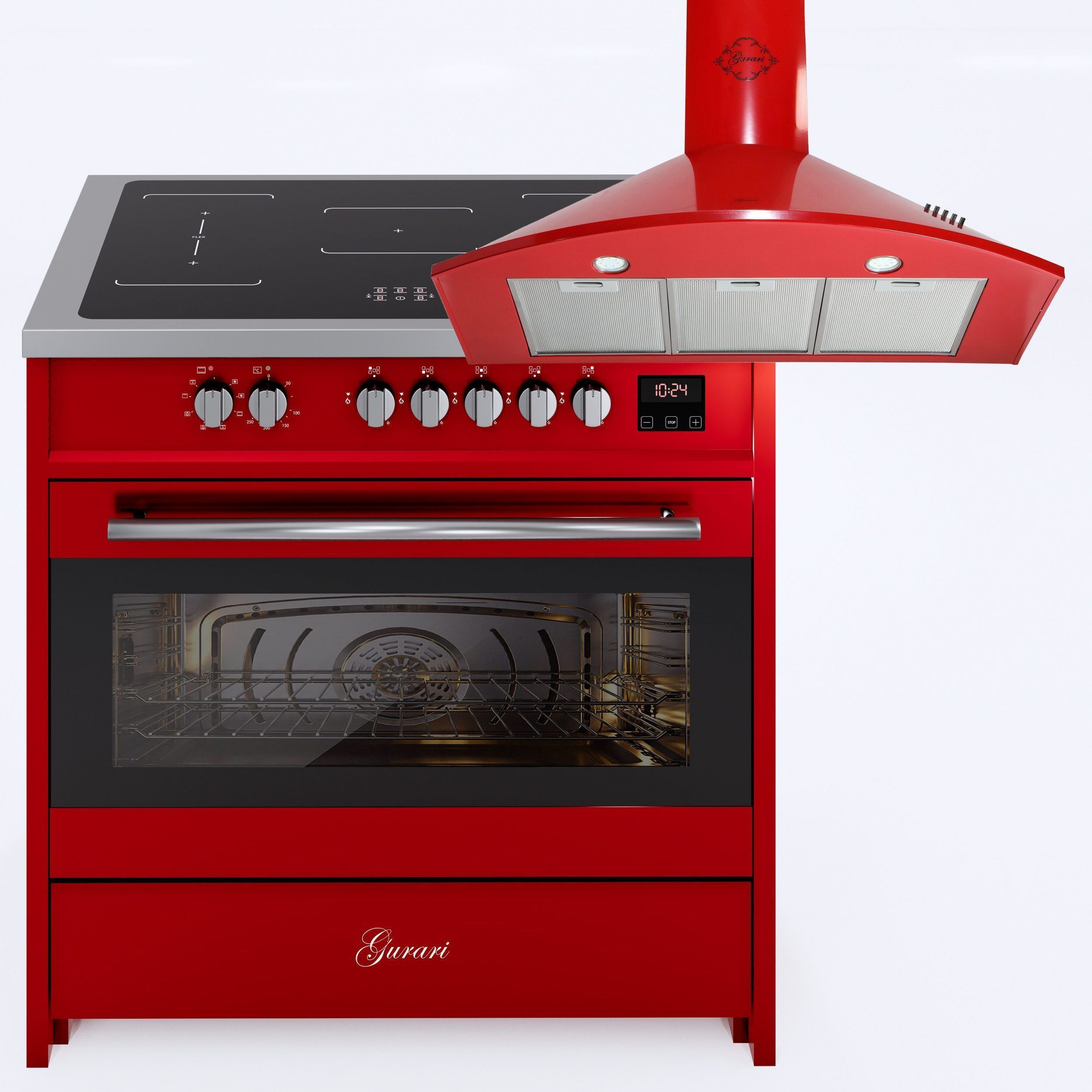 GURARI Induktions Herd-Set Induktions Standherd 90 cm in Rot mit Flex Zone Induktionskochfeld,Range Cooker +Dunstabzugshaube 90 cm E 913 R+GCH 046 RD 9,.,., mit 1-fach-Teleskopauszug
