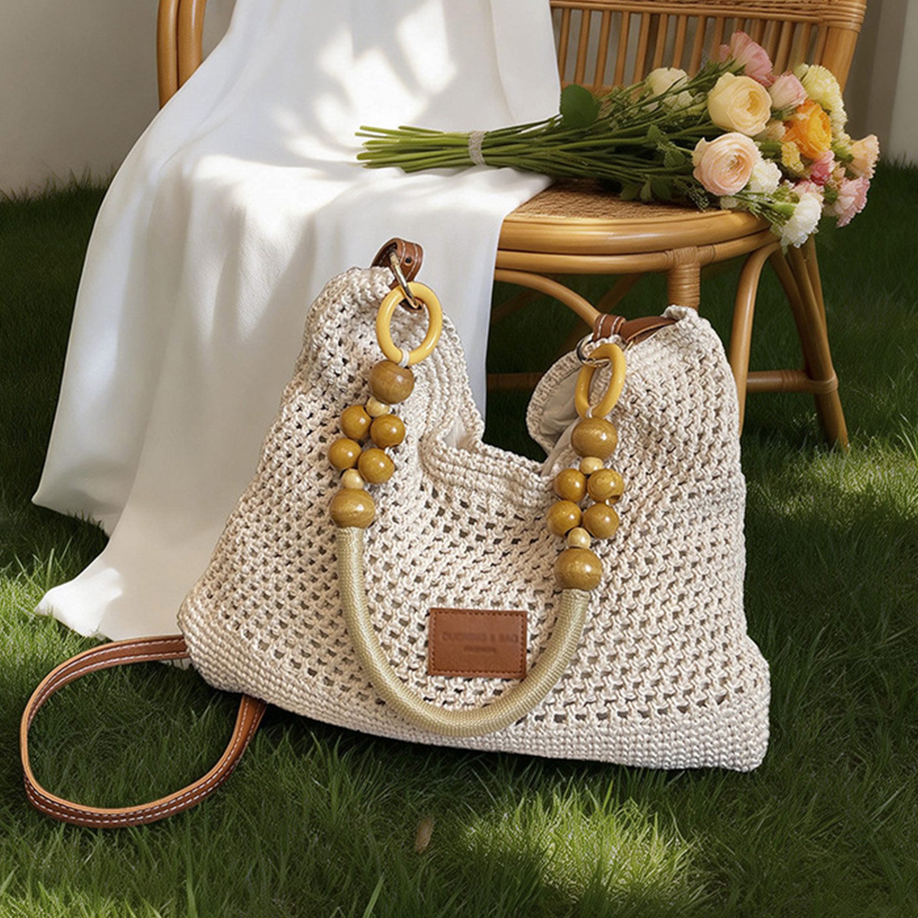 Mutig Strandtasche Boho Häkeltasche Damen, Strandtasche Sommer Shopper (Hobo Schultertasche, große Einkaufstasche), faltbare Reisetasche für Urlaub, Reise und Freizeit